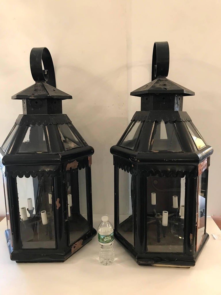 Monumentally Enormous Pair of Antique Copper Painted Lanterns For Sale