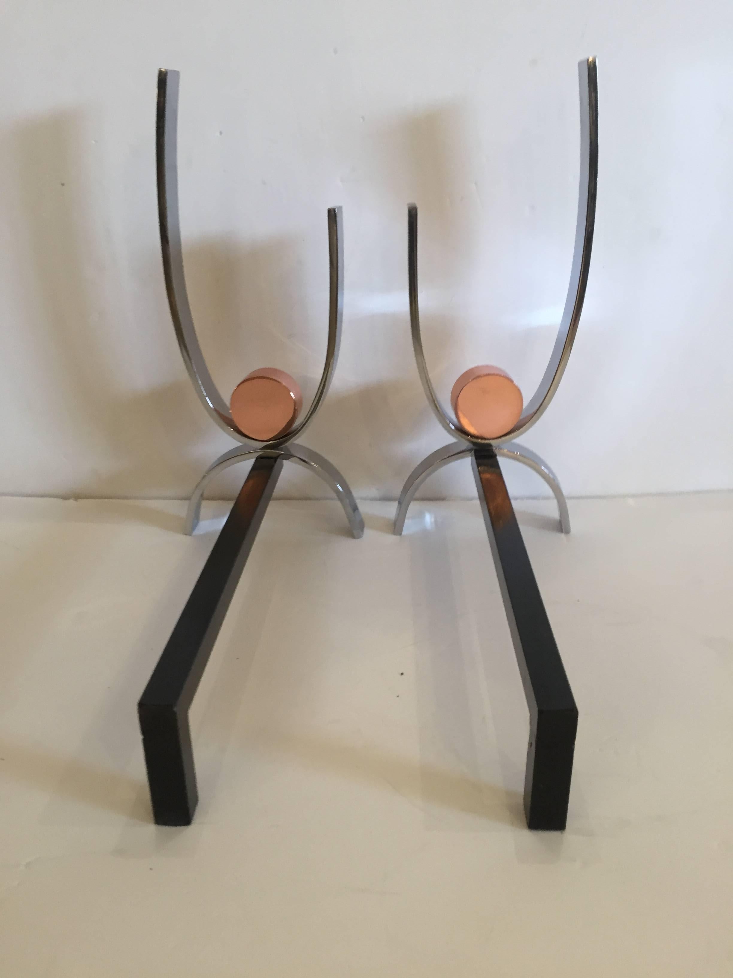 Artisan Made Mid-Century Modern Copper and Iron Andirons In Excellent Condition In Hopewell, NJ