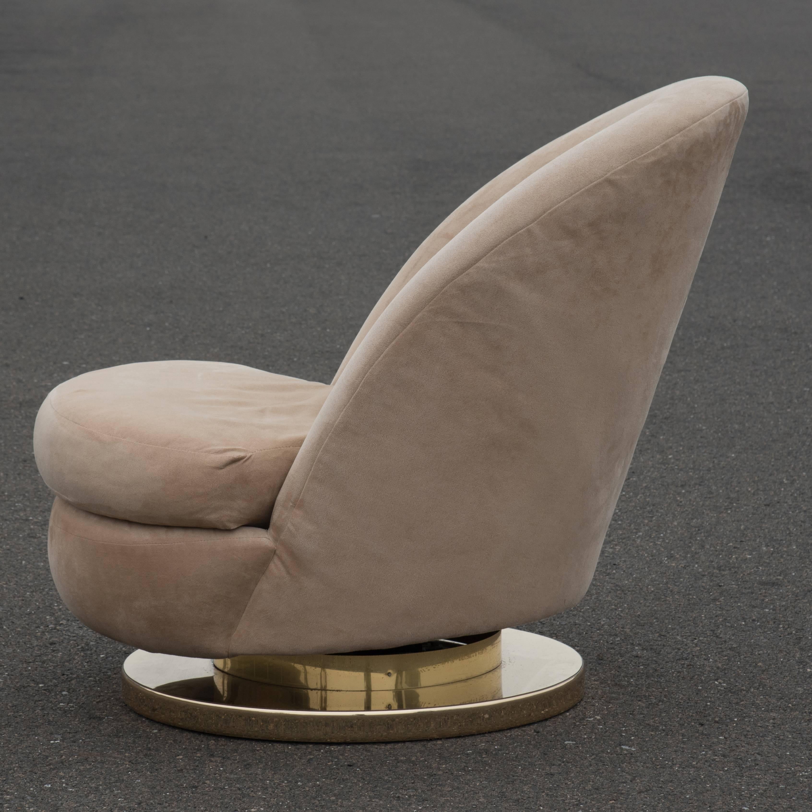 Brass Ultra Suede Mid-Century Modern Milo Baughman Swivel and Tilt Lounge Club Chair