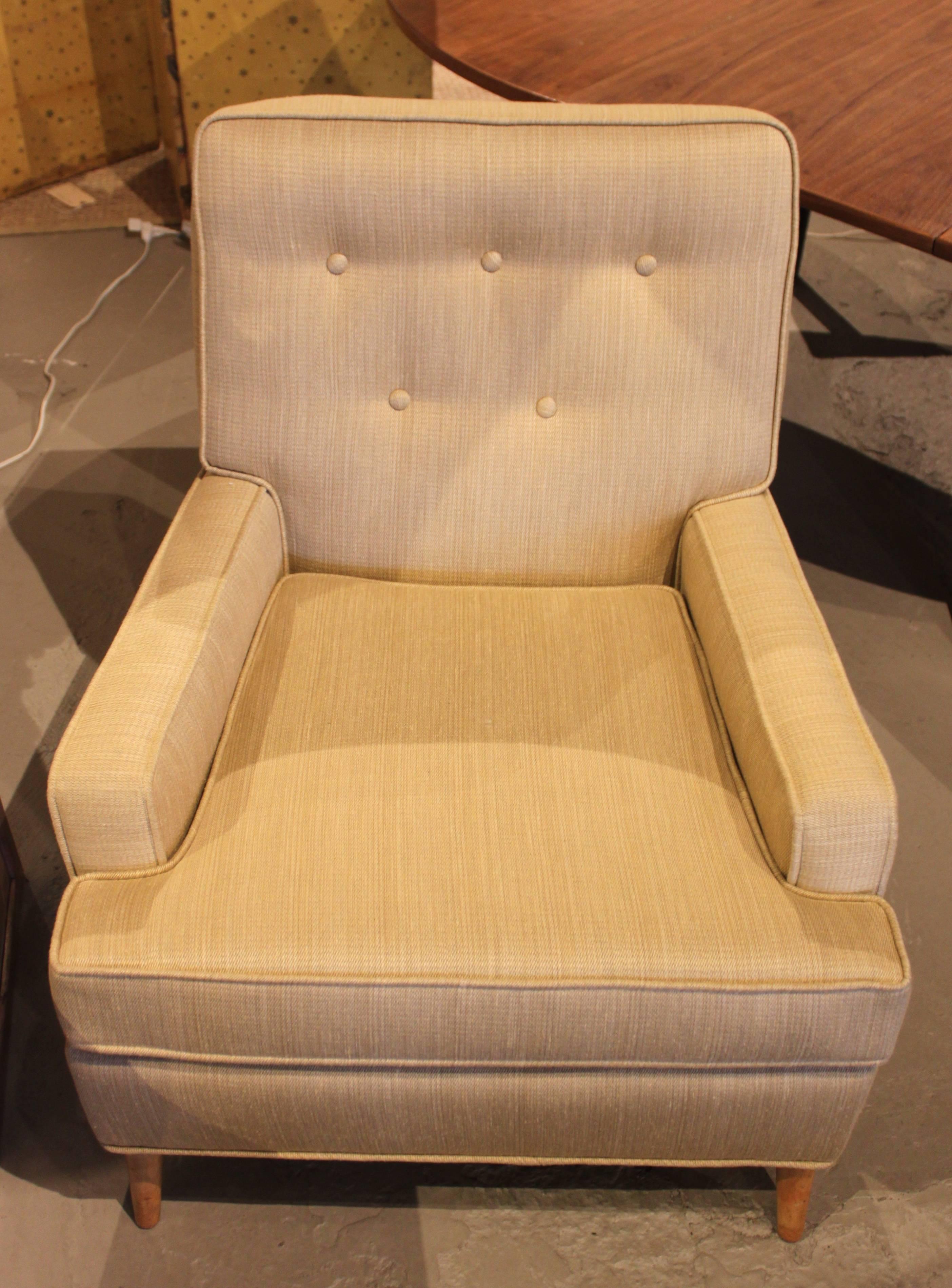 Robsjohn-Gibbings lounge chair in new upholstery quadrille fabric.