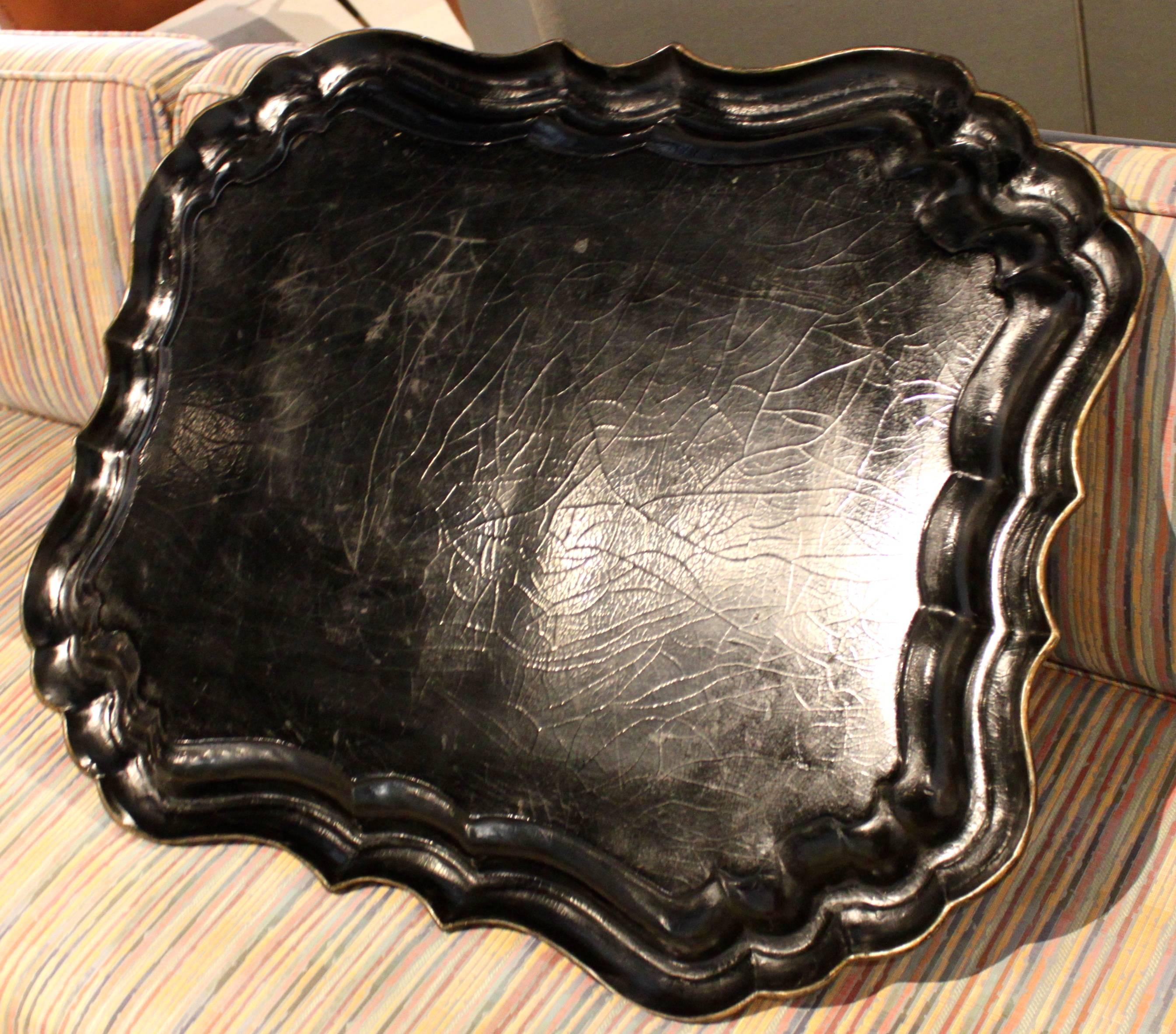 English hand-painted Victorian papier mâché tray. Painting has crazing from age.