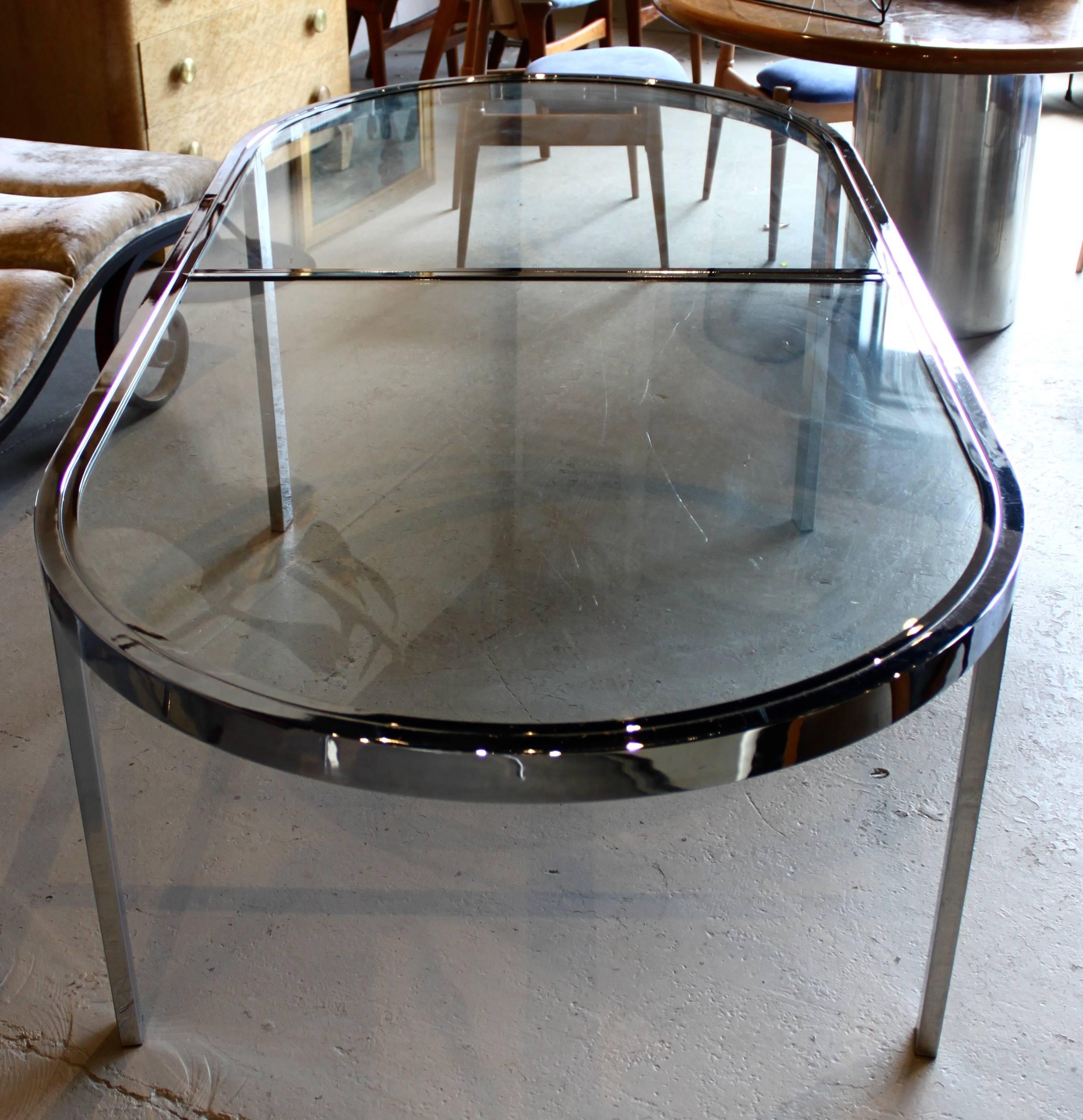American Milo Baughman Racetrack Chrome Dining Table with Two Leaves