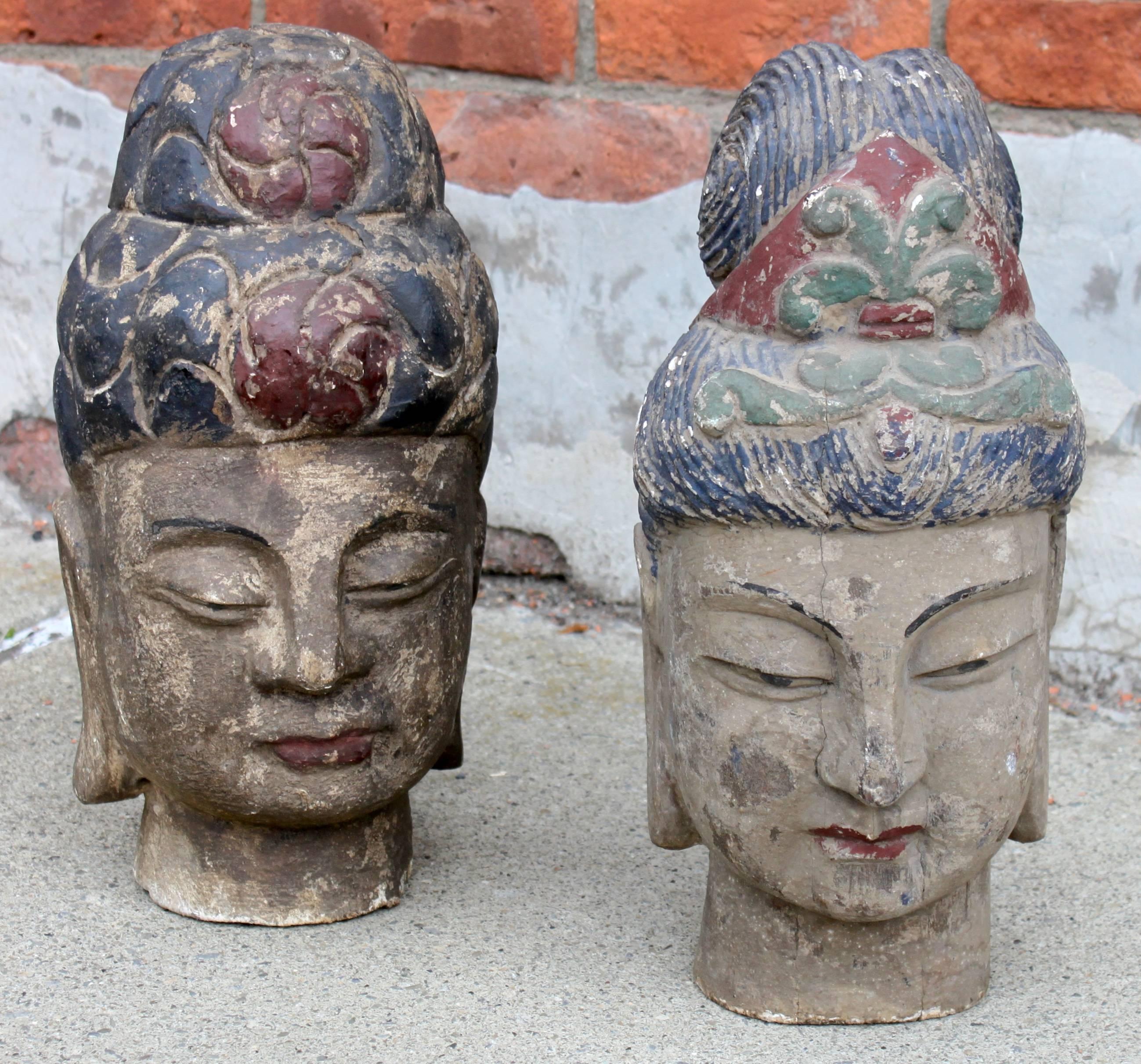 Painted Pair of Carved Wood Polychrome Chinese Heads For Sale