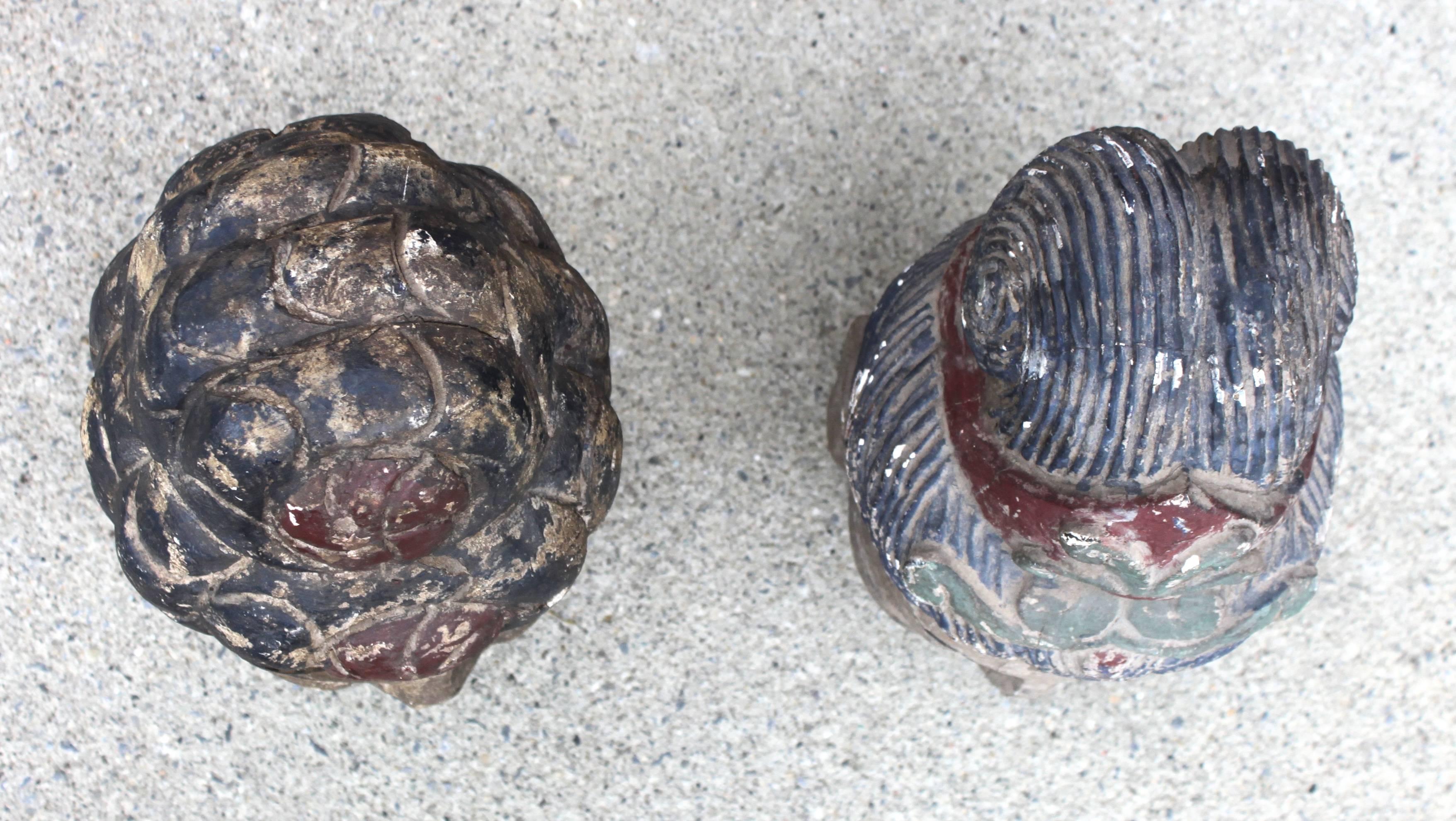 Pair of Carved Wood Polychrome Chinese Heads For Sale 1