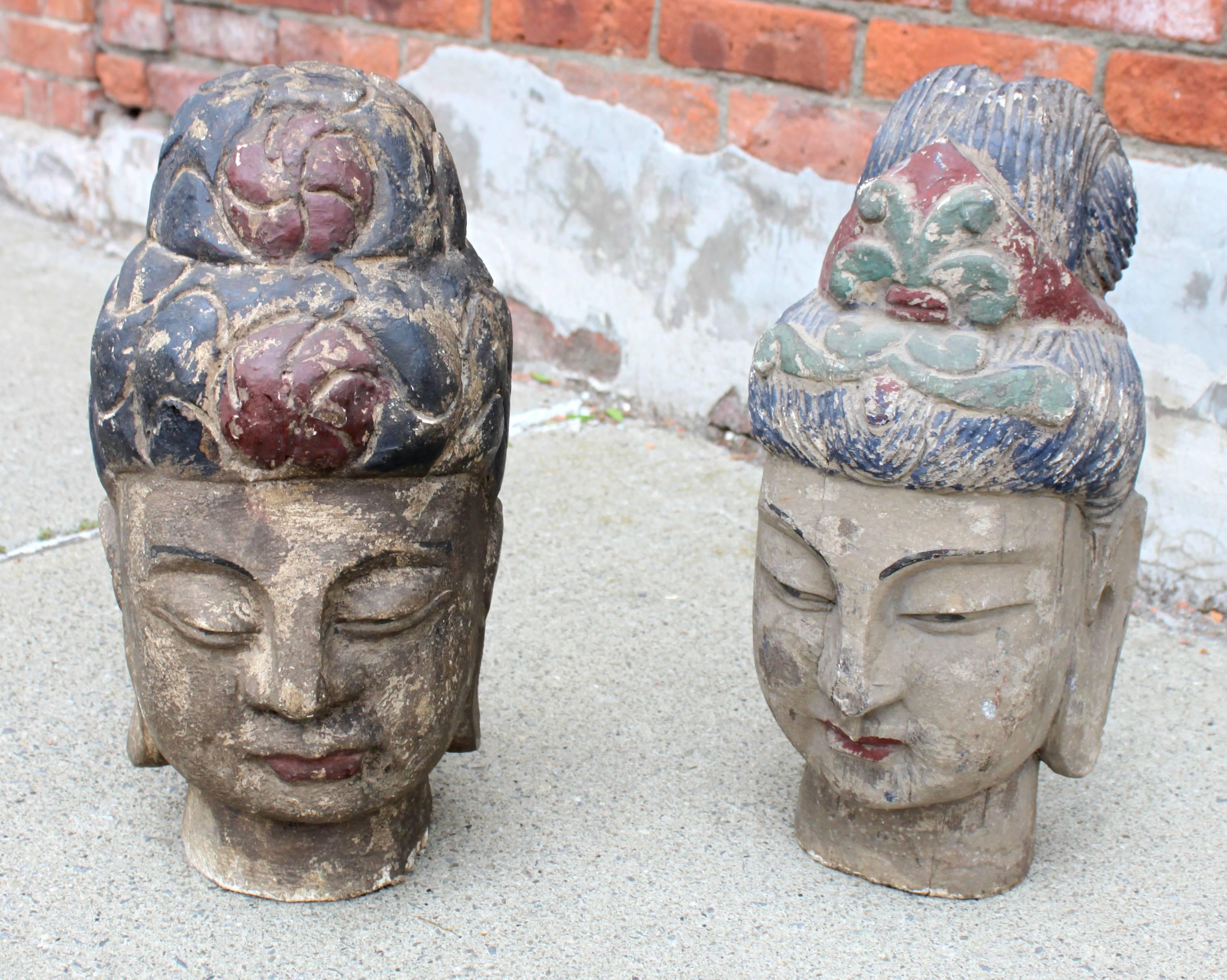 Pair of Carved Wood Polychrome Chinese Heads For Sale 2