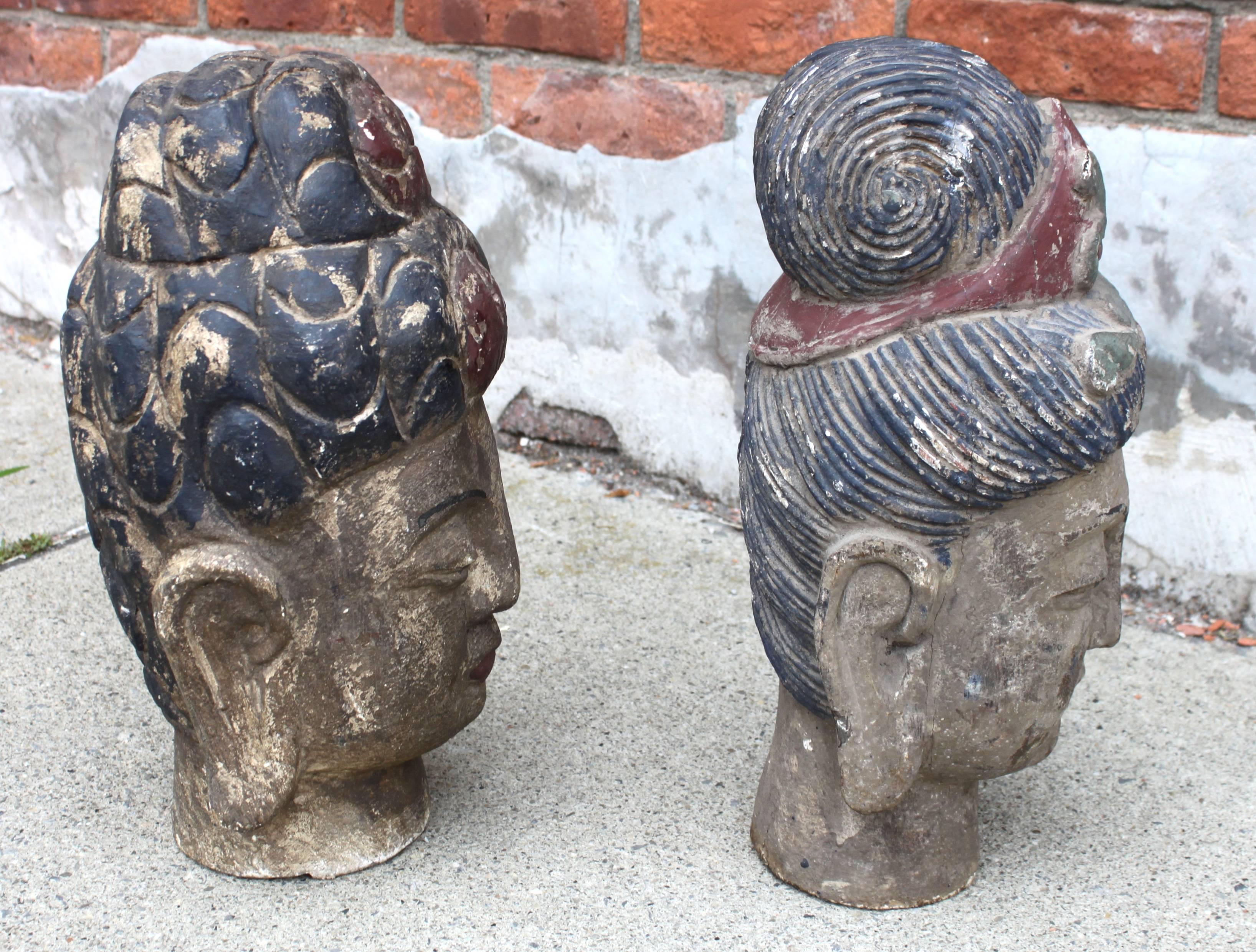 Pair of Carved Wood Polychrome Chinese Heads In Good Condition For Sale In Hudson, NY