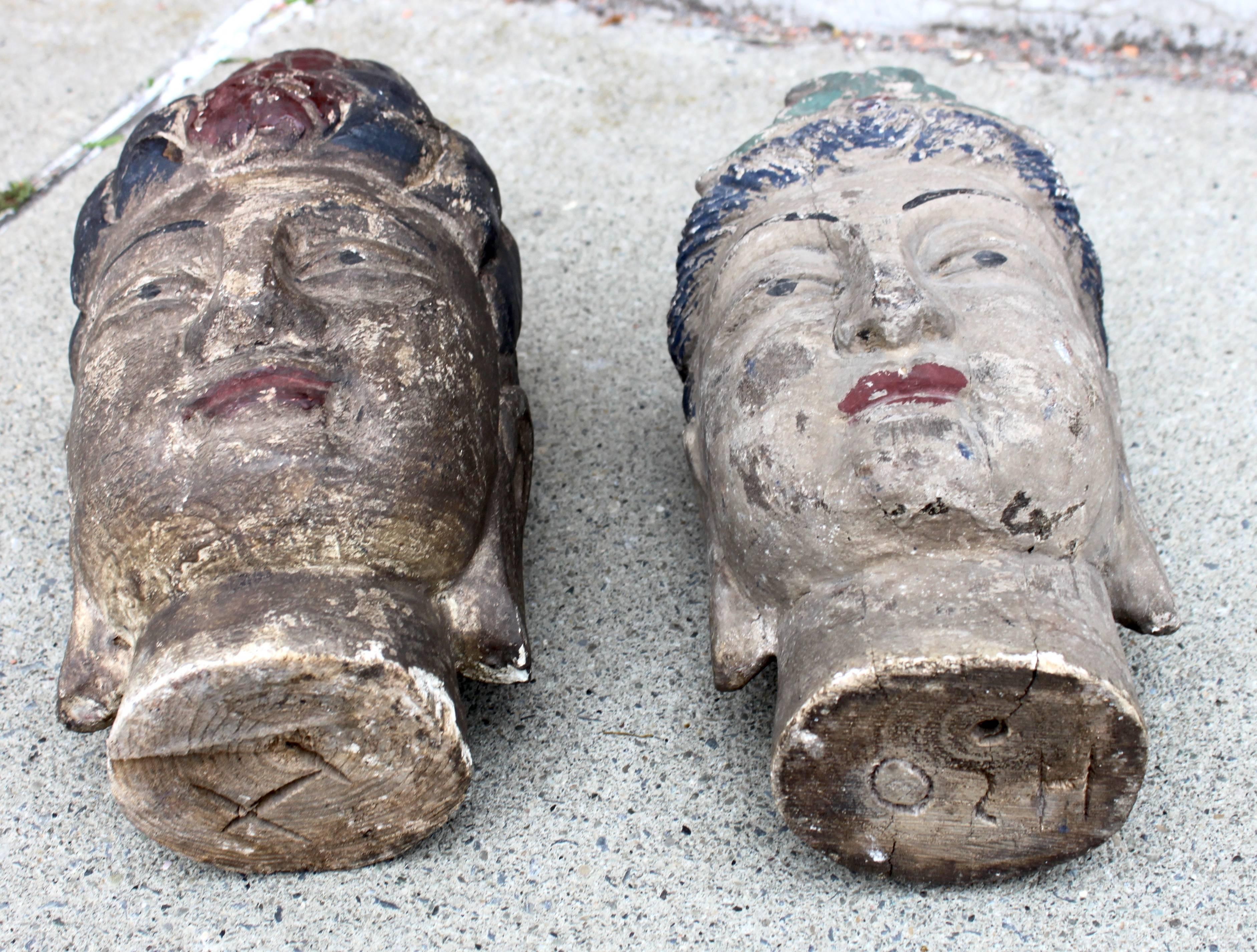 Pair of Carved Wood Polychrome Chinese Heads For Sale 3