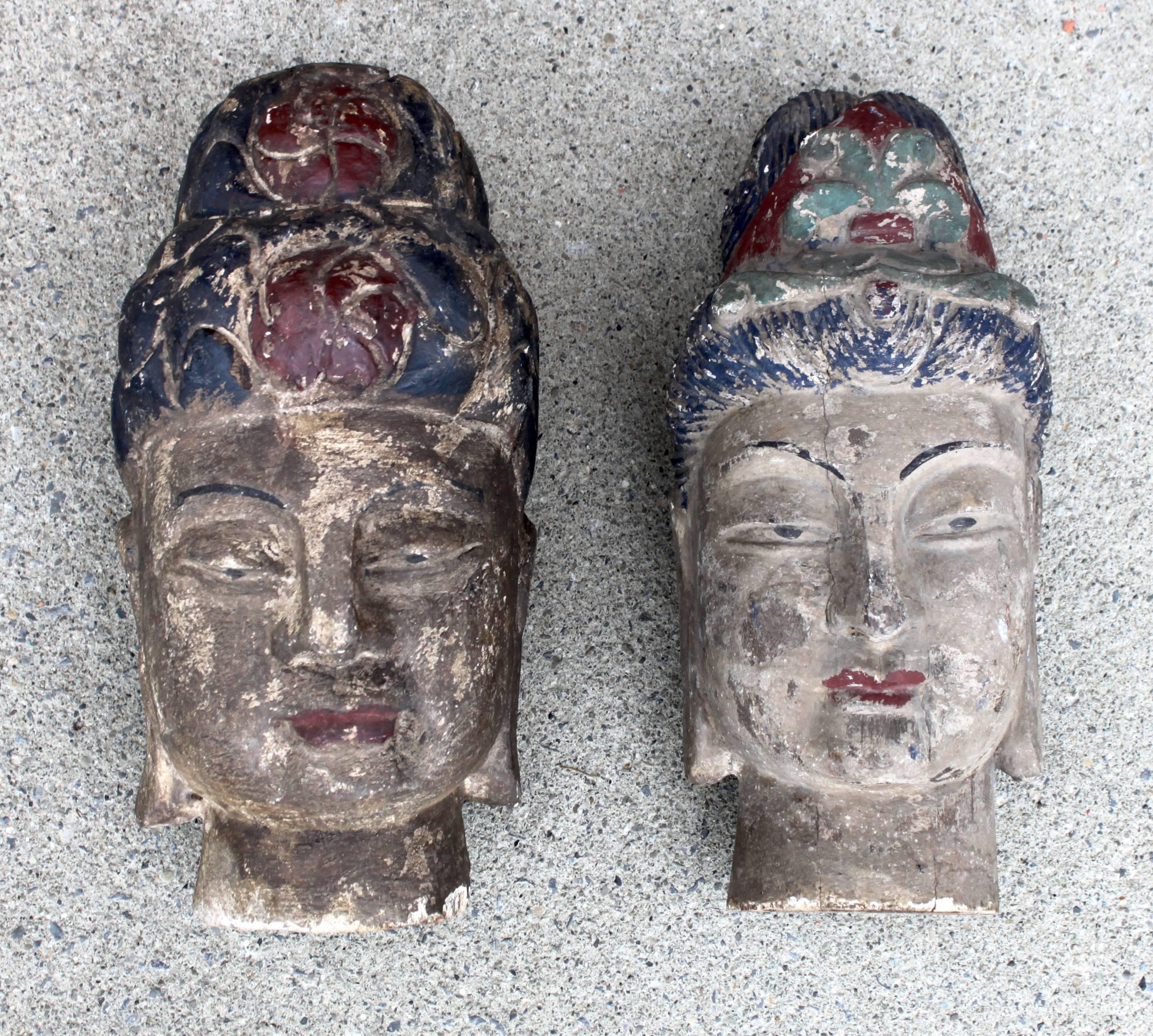 Pair of Carved Wood Polychrome Chinese Heads For Sale 4