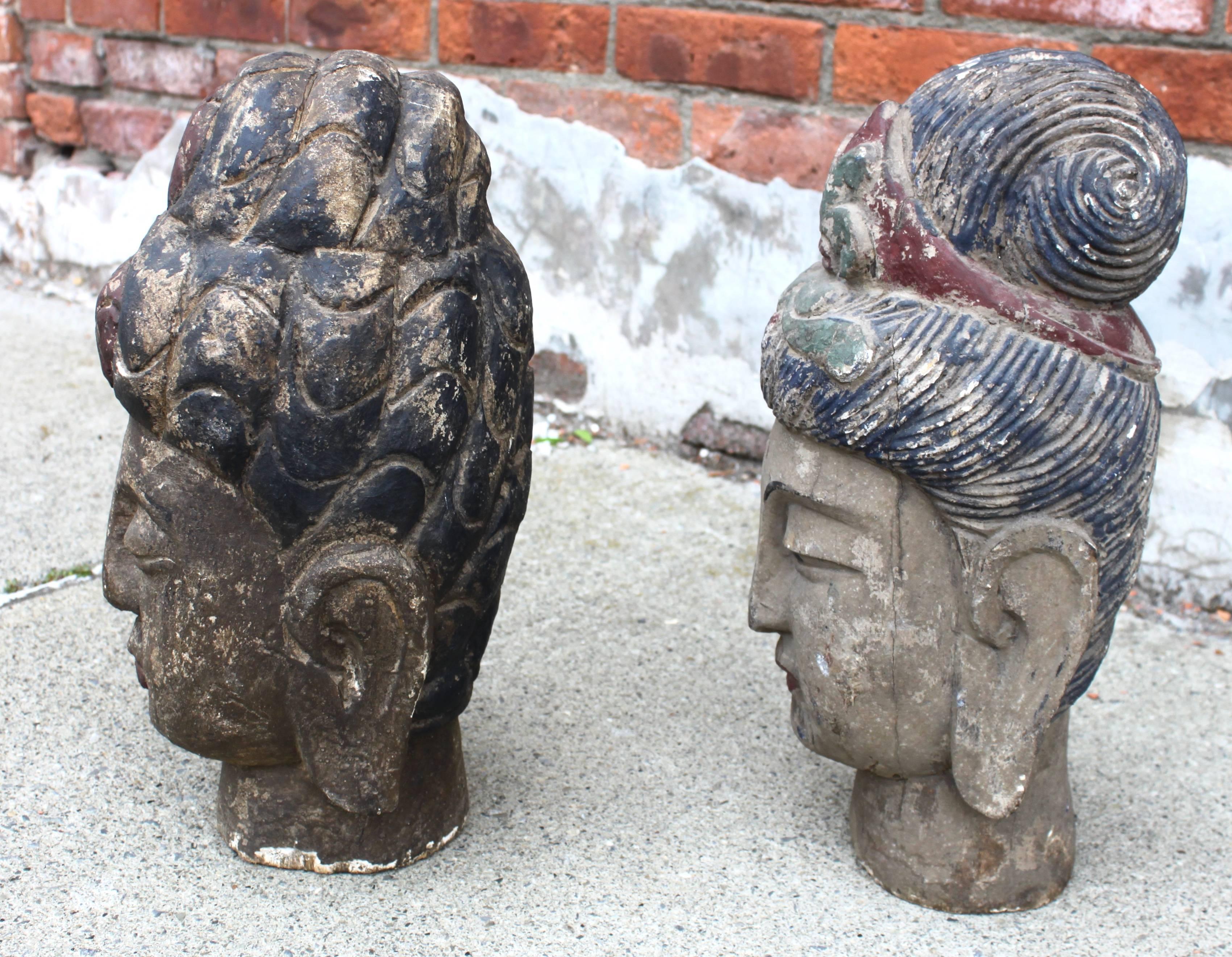 20th Century Pair of Carved Wood Polychrome Chinese Heads For Sale