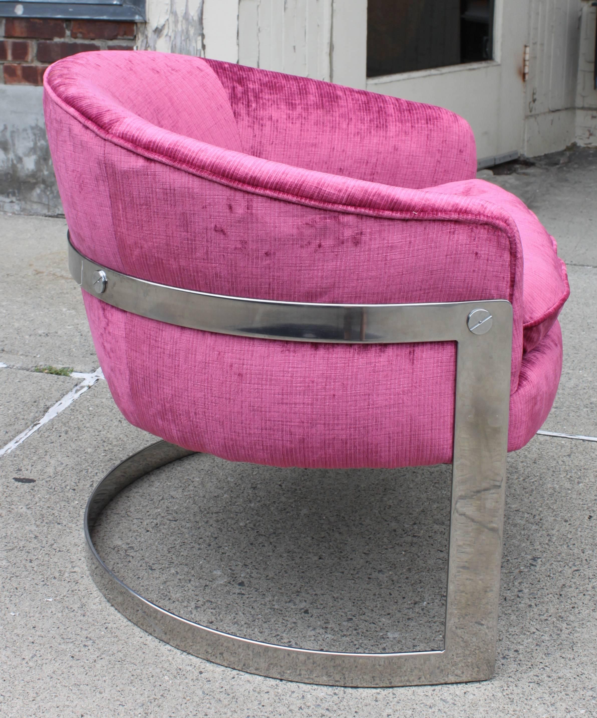 Vintage Milo Baughman chrome barrel lounge chair in new quadrille's velvet upholstery.