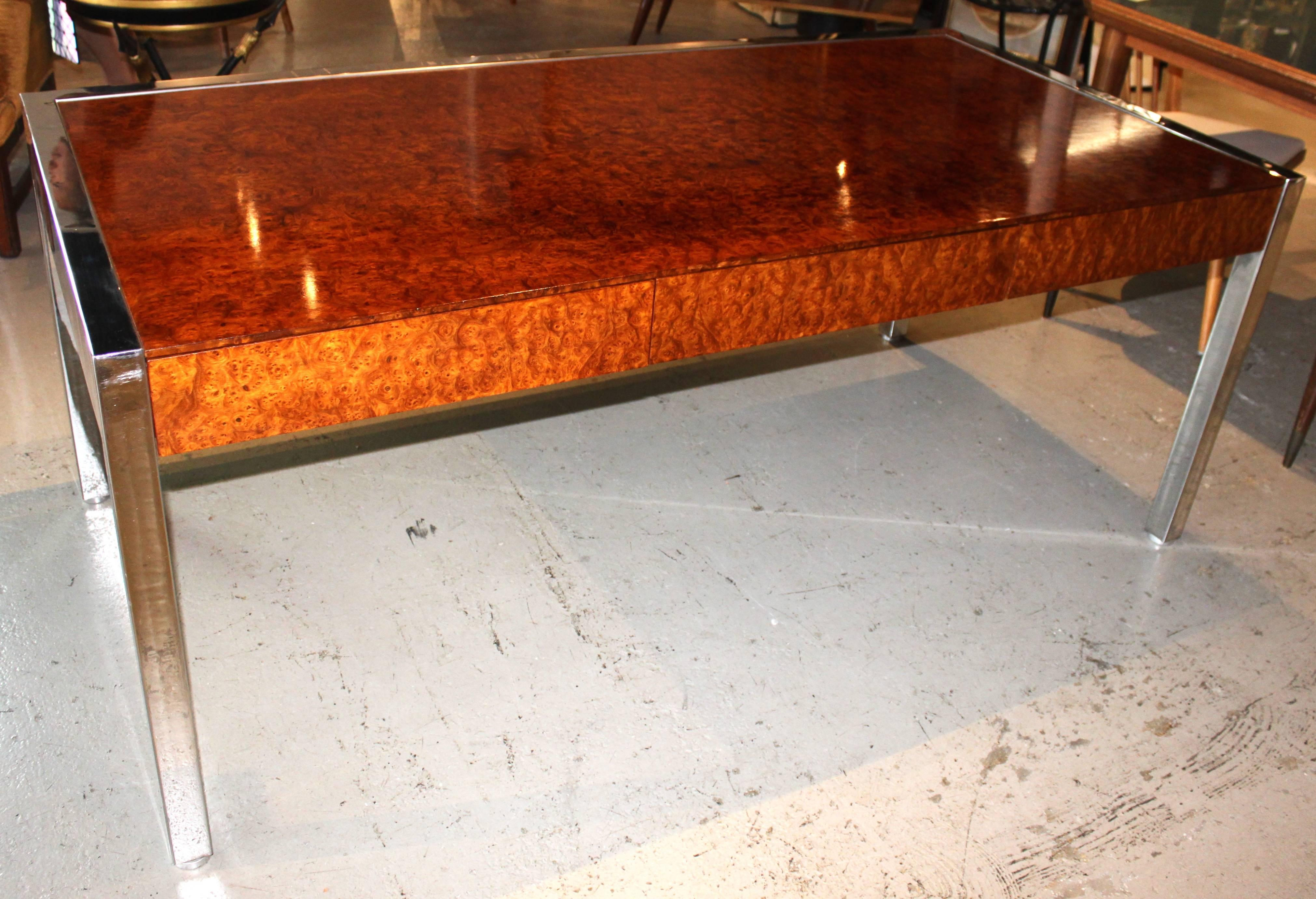 Late 20th Century Burl Wood and Chrome Pace Collection Executive Desk For Sale