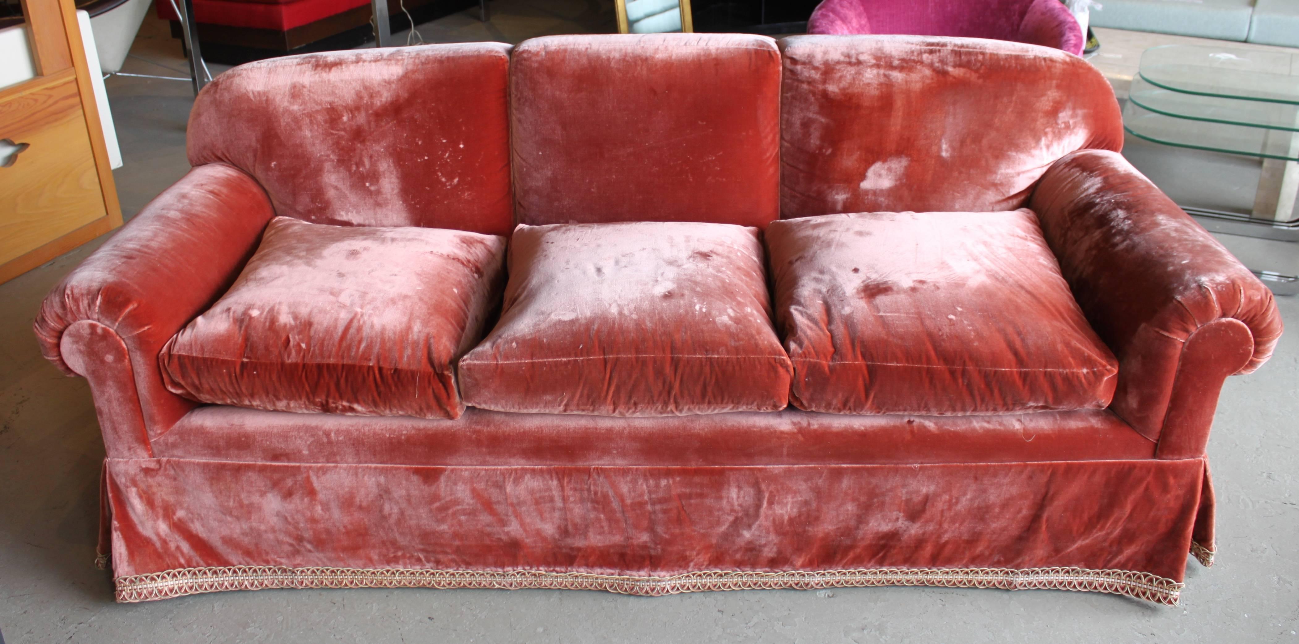 Classical timeless design high quality sofa in silk velvet. Down feather cushions. Heavy and sturdy.
