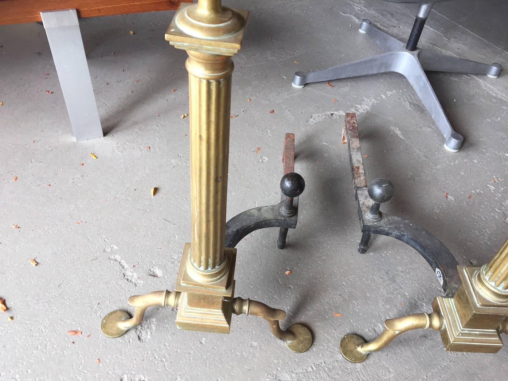 Large Federal Style Brass Andirons In Excellent Condition In Hudson, NY