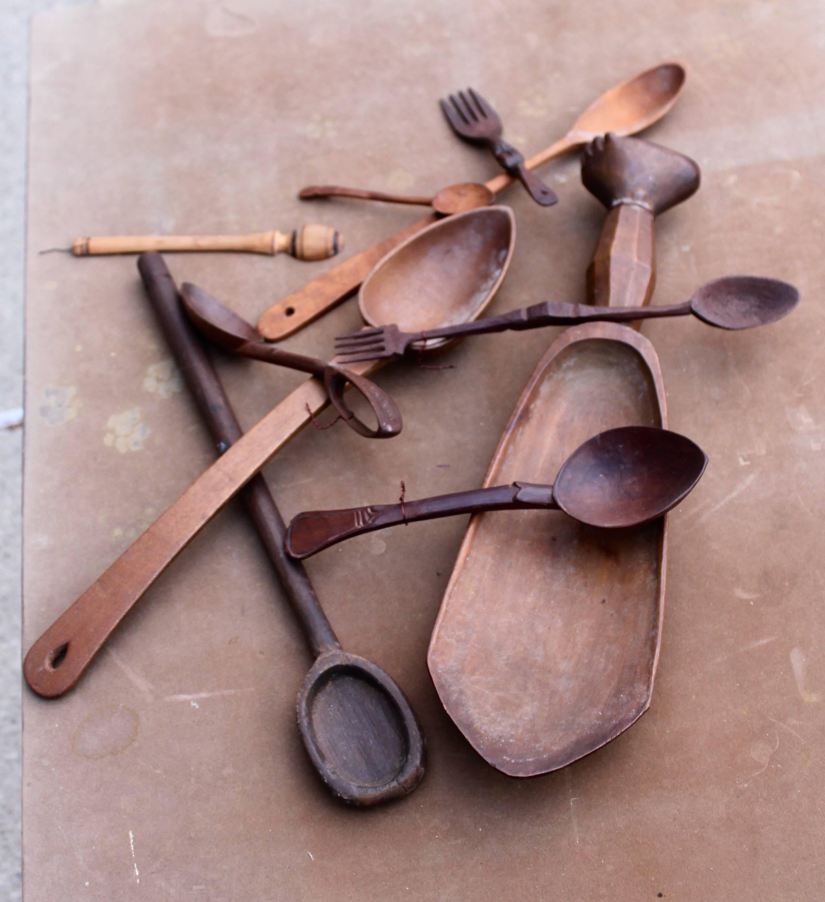 Carved Eclectic Collection of 18th and 19th Century Treenware Spoons For Sale
