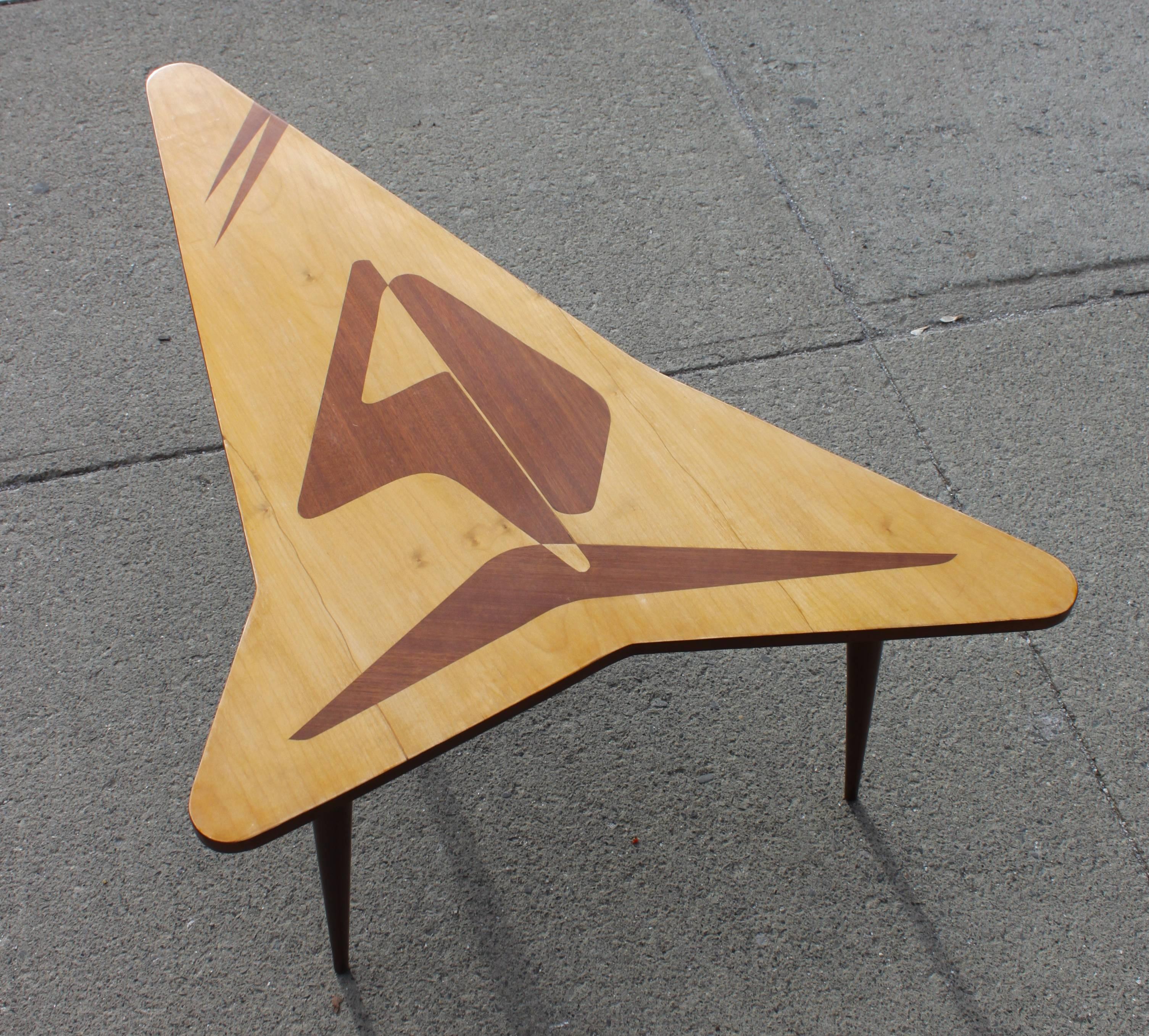 1960s vintage Italian Boomerang coffee table. Inlaid wood top. Great Mid-Century Modern design.