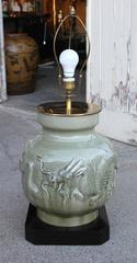 Vintage Celadon Dragon Lamp with Silk Shade