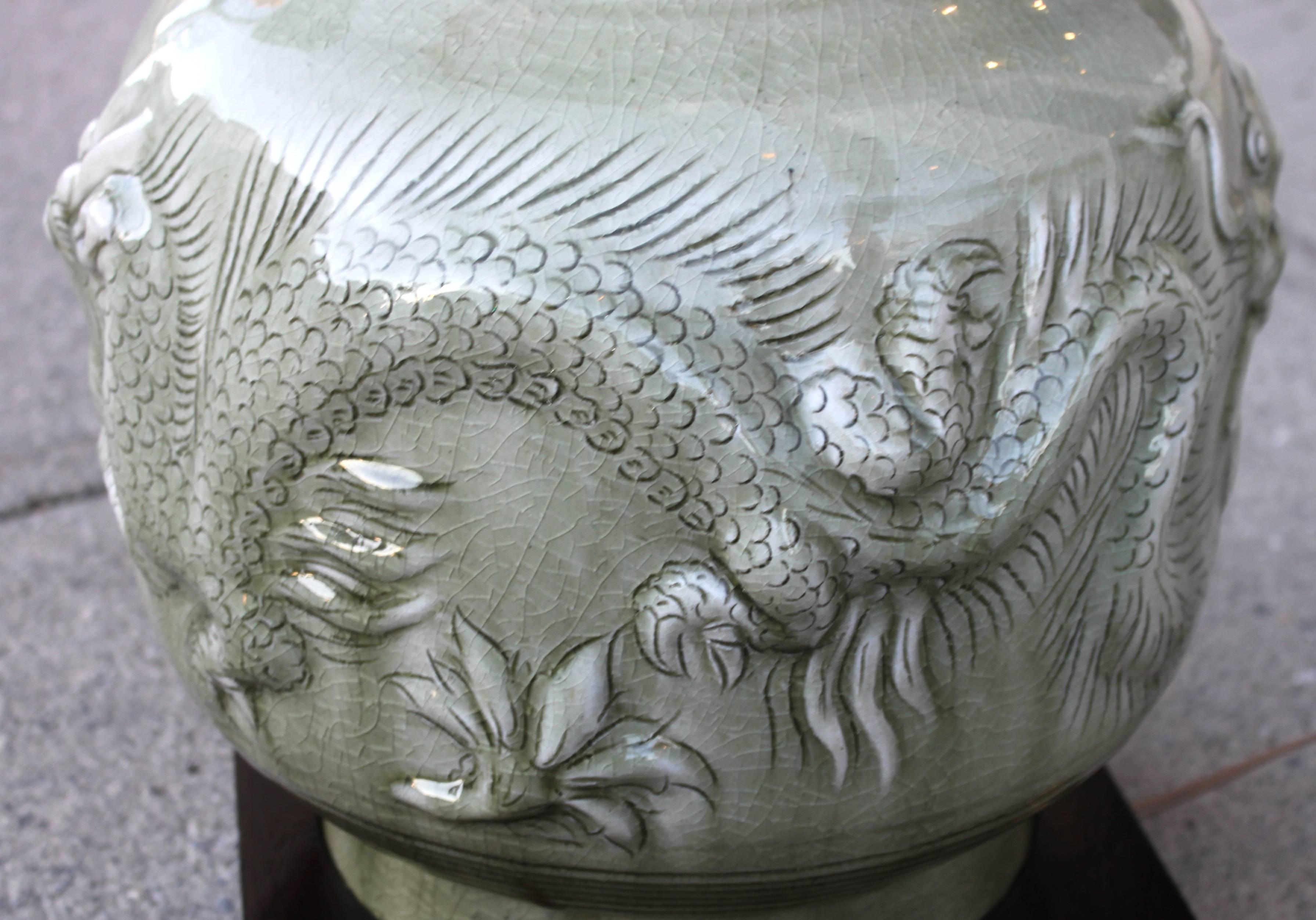 Glazed Vintage Celadon Dragon Lamp with Silk Shade For Sale