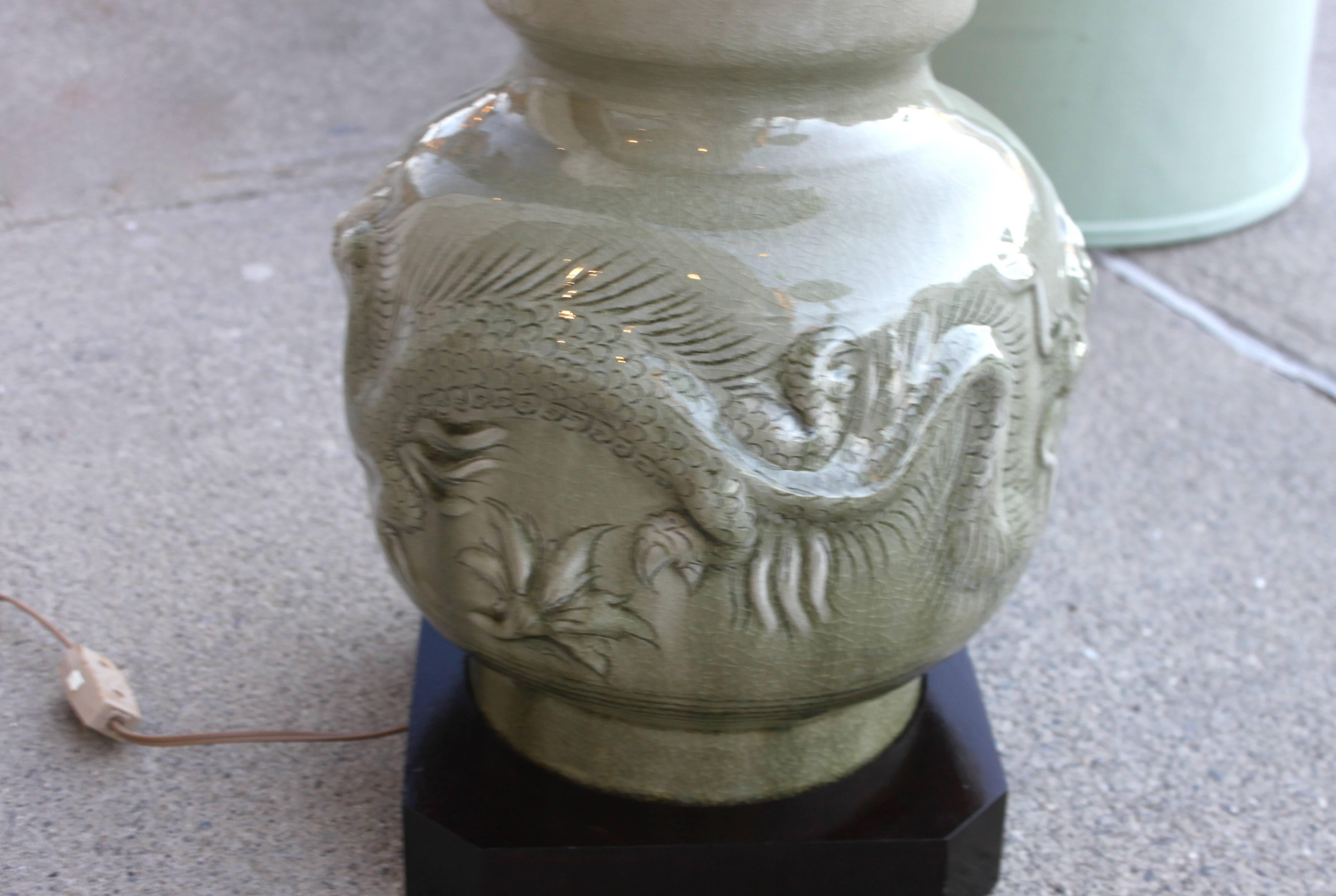Japanese Vintage Celadon Dragon Lamp with Silk Shade For Sale