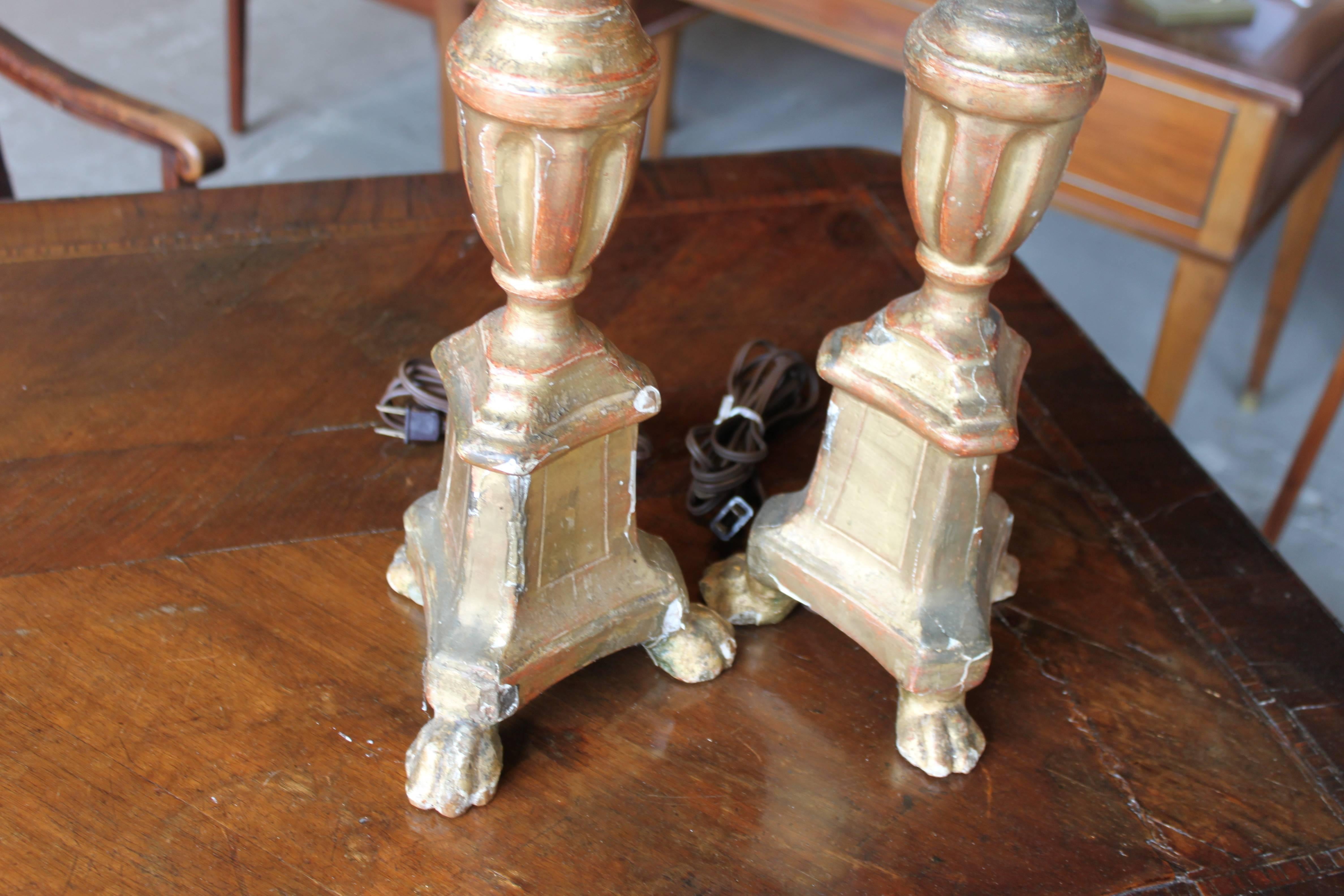 Pair of Italian Baroque Altar Sticks Lamps In Fair Condition For Sale In Hudson, NY