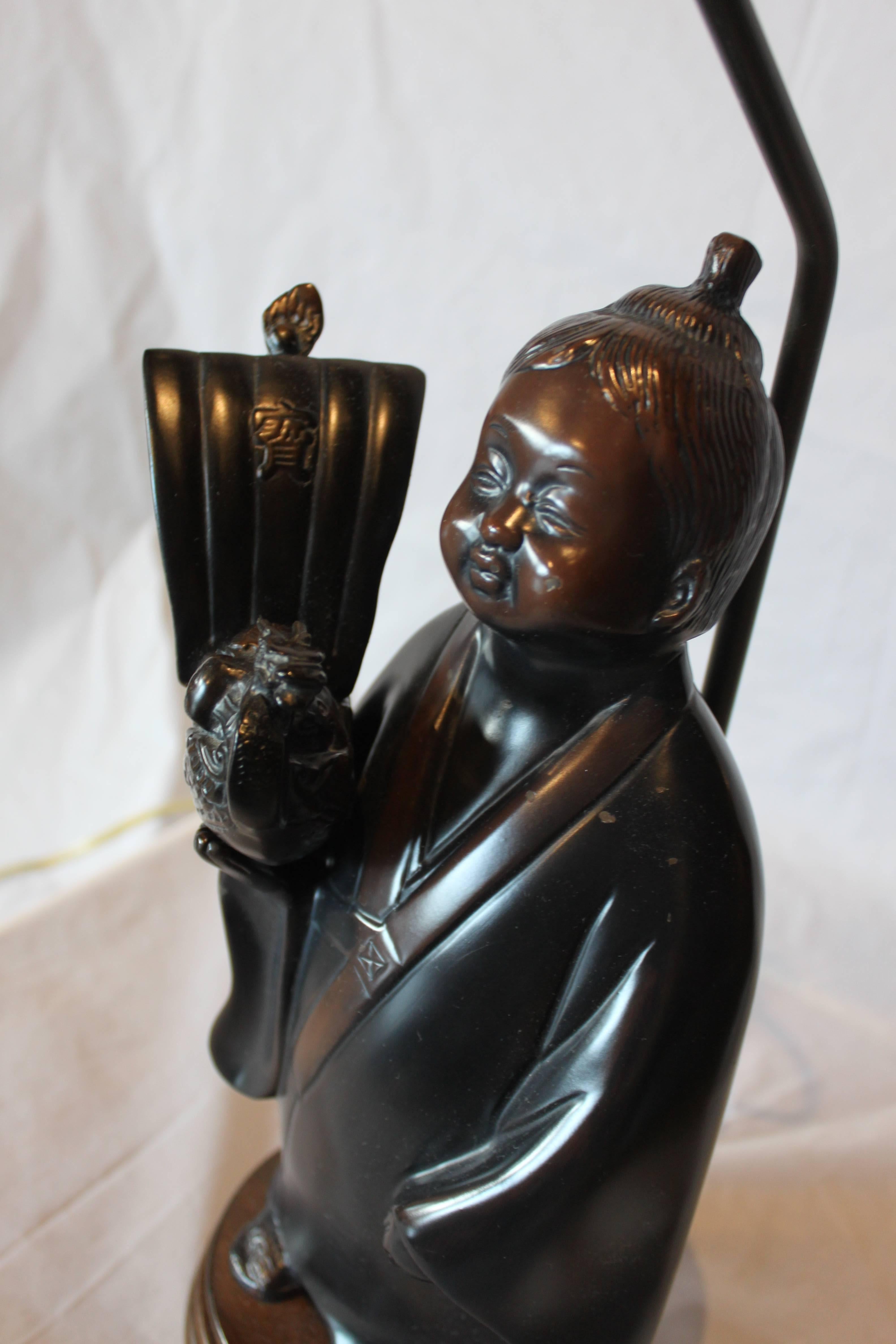 Bronze Asian Boy Lamp In Excellent Condition In Hudson, NY