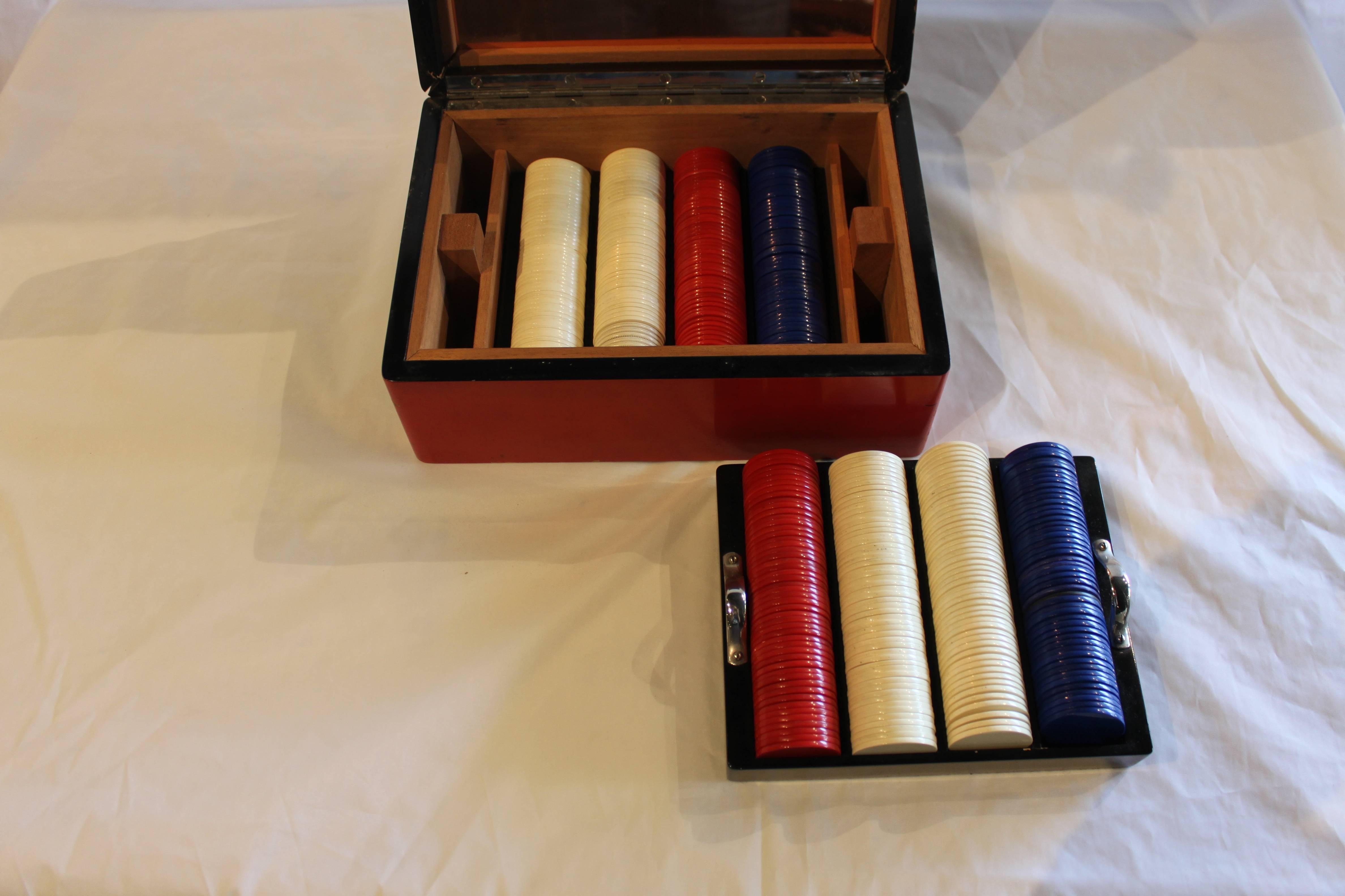 Art Deco Lacquer Box Casino Gaming Poker Chip Set For Sale 1