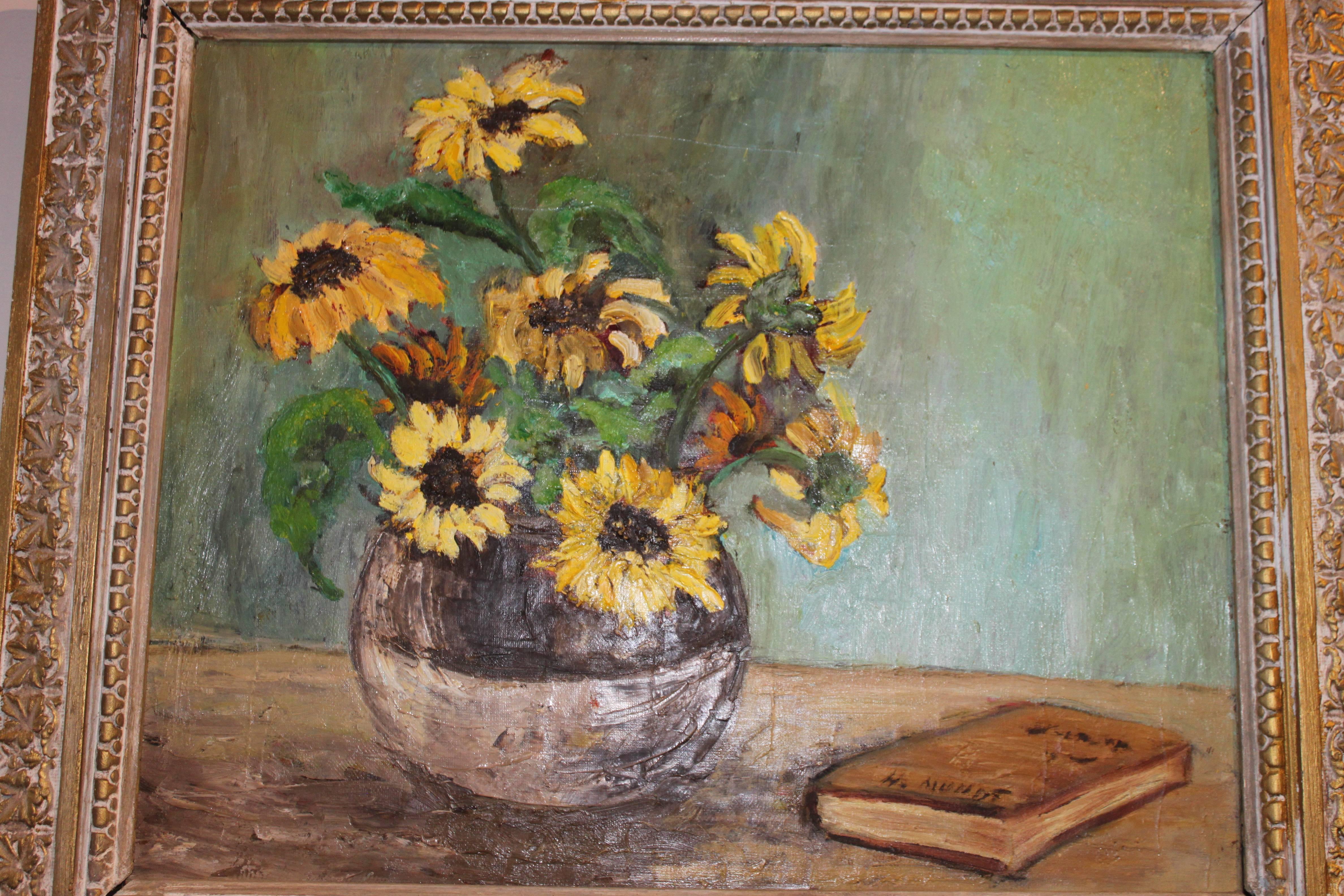 Framed Mid-Century Modern still life painting of sunflowers, oil on canvas.