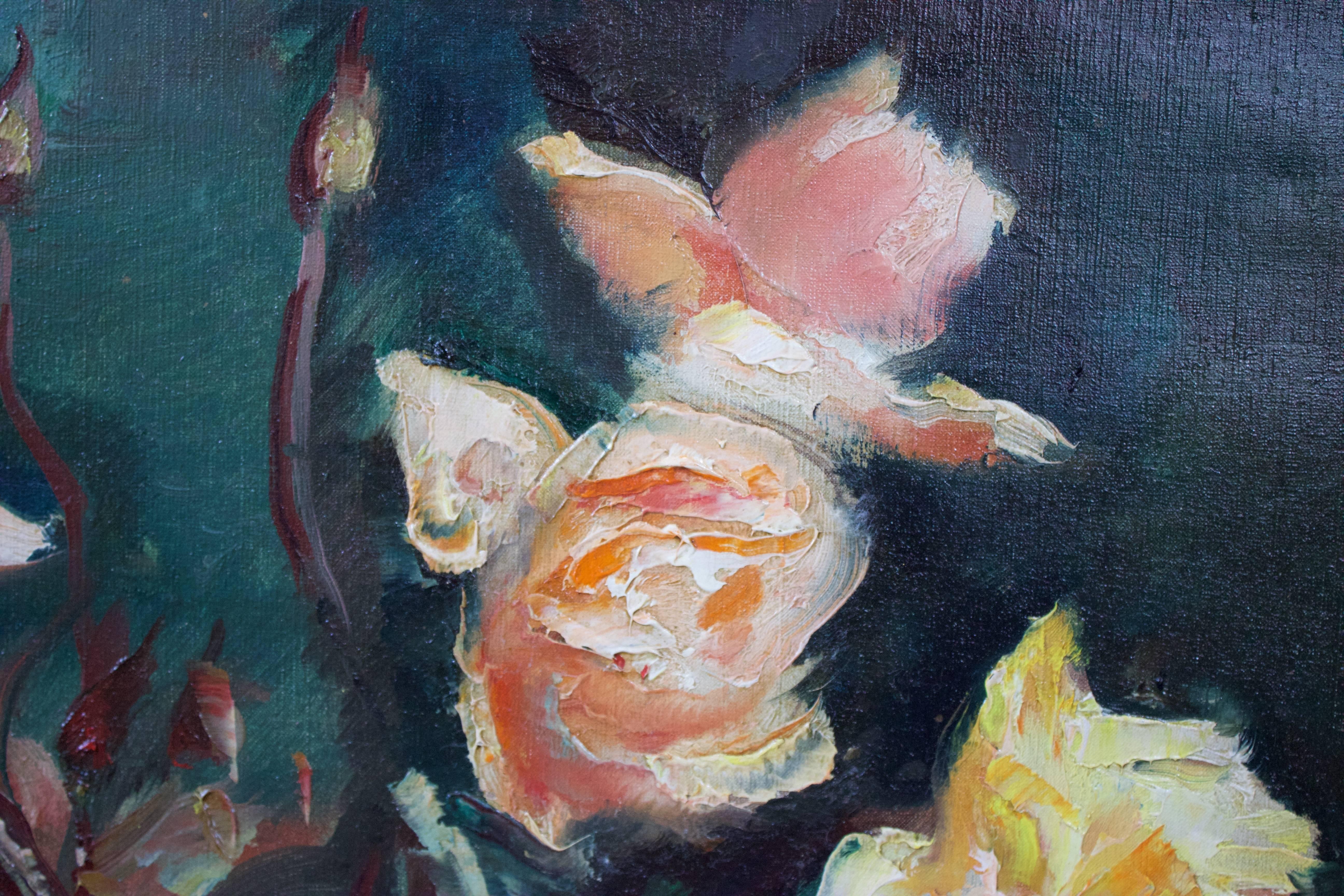 Lovely oil on canvas representing a vase of yellow roses, signed
lower left 