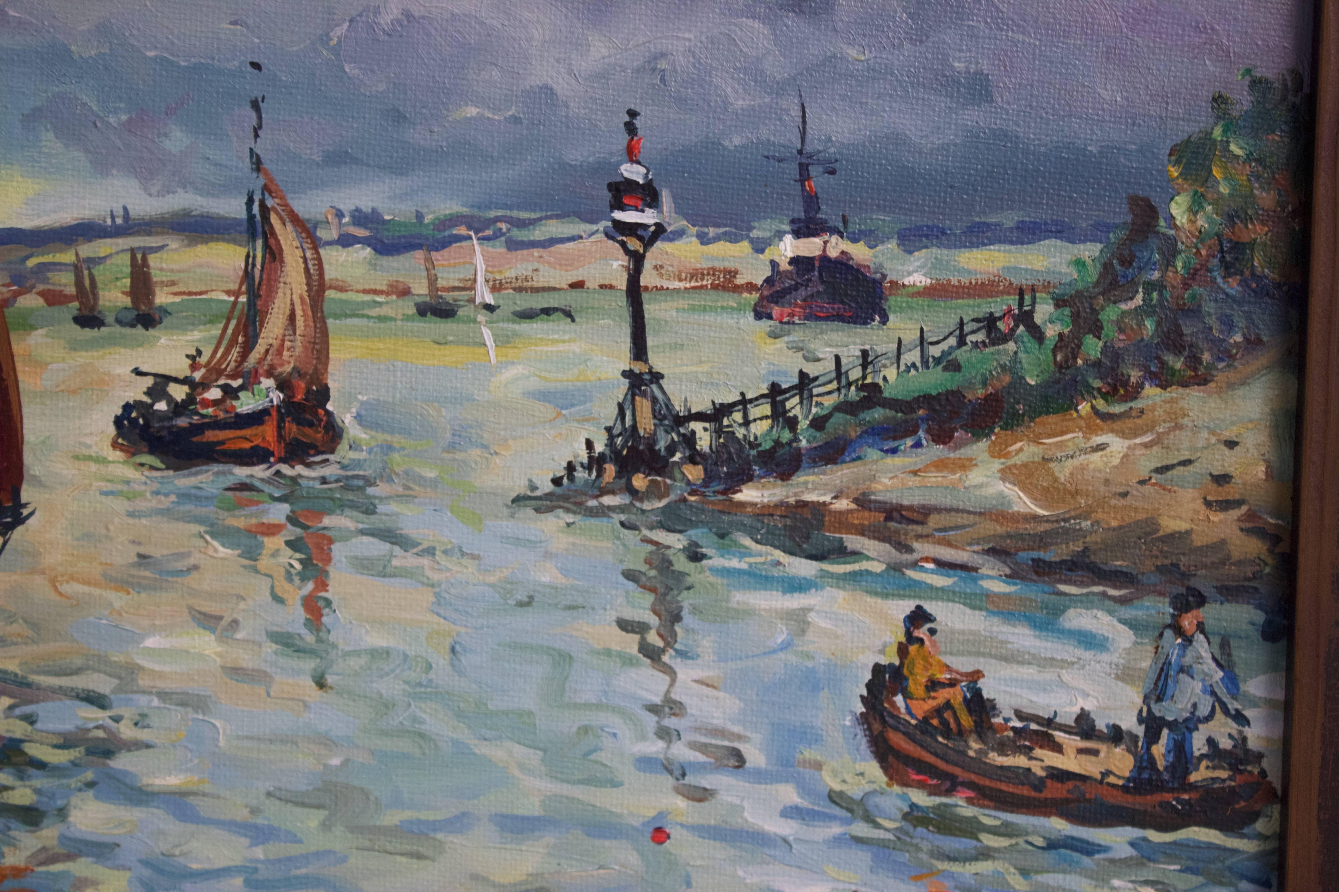 Robert L. P. Lavoine is a French artist (1916-1999) who exercised mostly on Normandie and Brittany shores. This oil work represents the entrance of the harbour of Honfleur. A Normandie city on the ocean since the 11th century. It is known for its