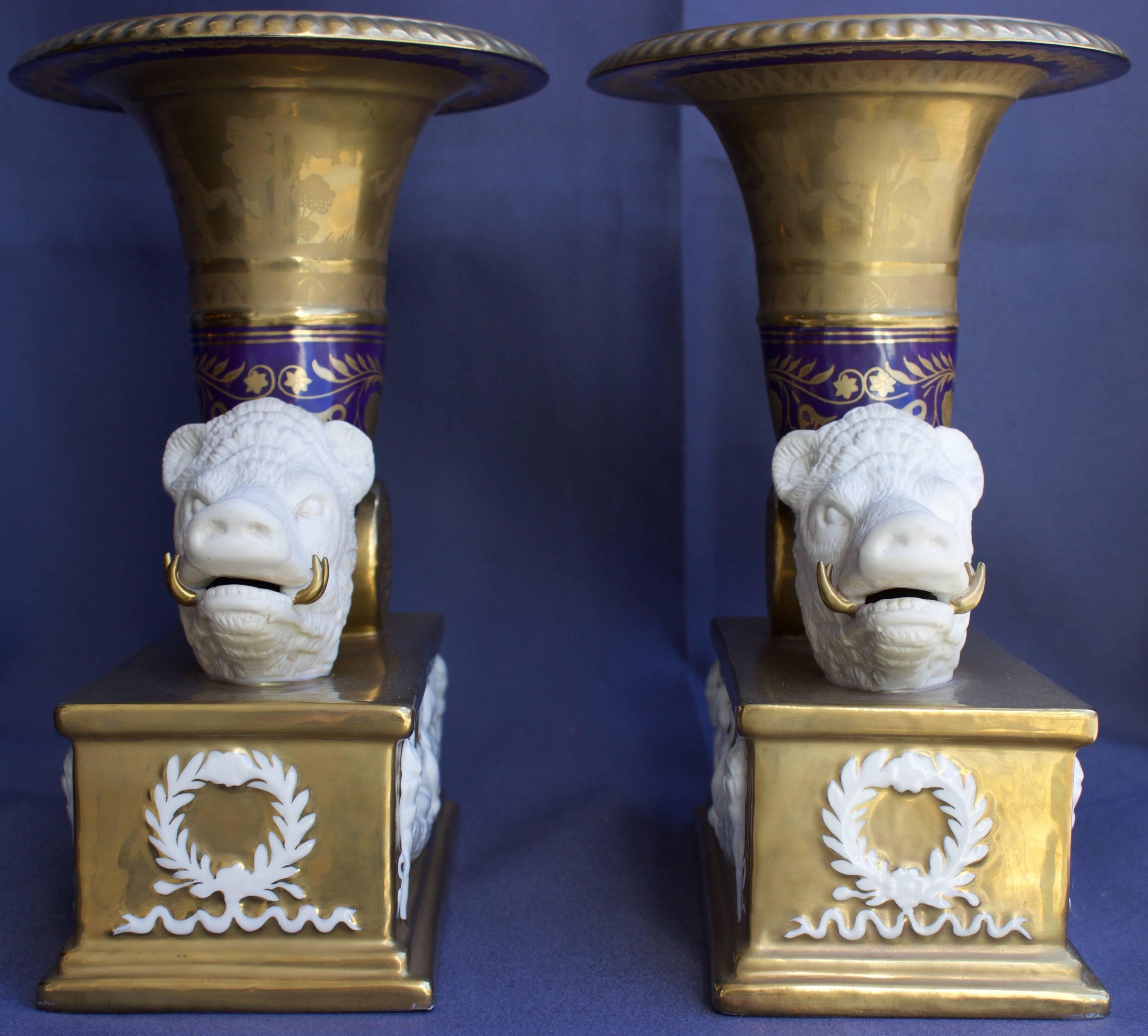 Louis XV Pair of Boar's Head Porcelain Cornucopias