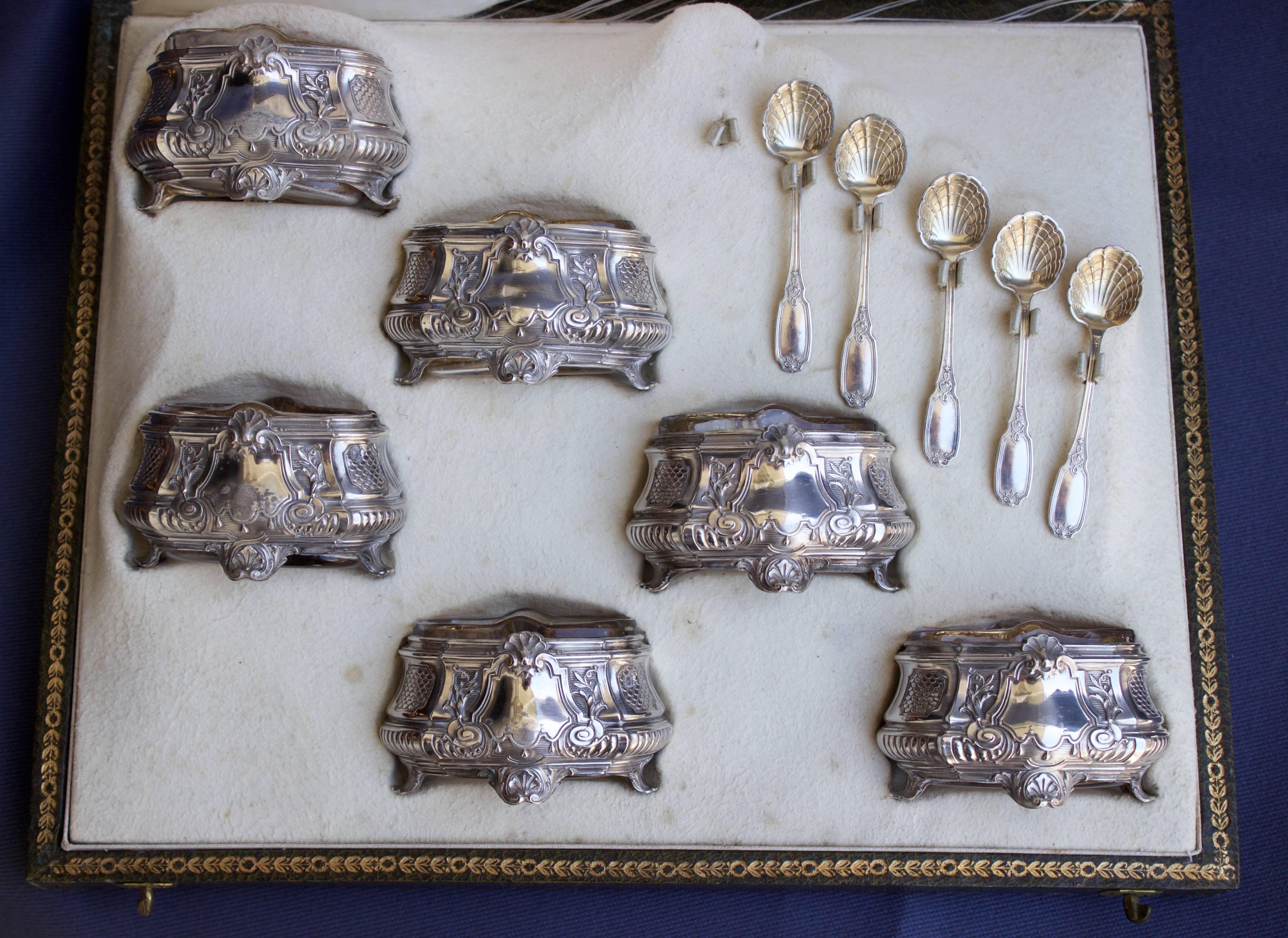 Louis XV Set of Six French Silver and Crystal Salt Cellars and Spoons