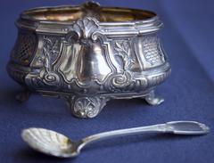 Set of Six French Silver and Crystal Salt Cellars and Spoons