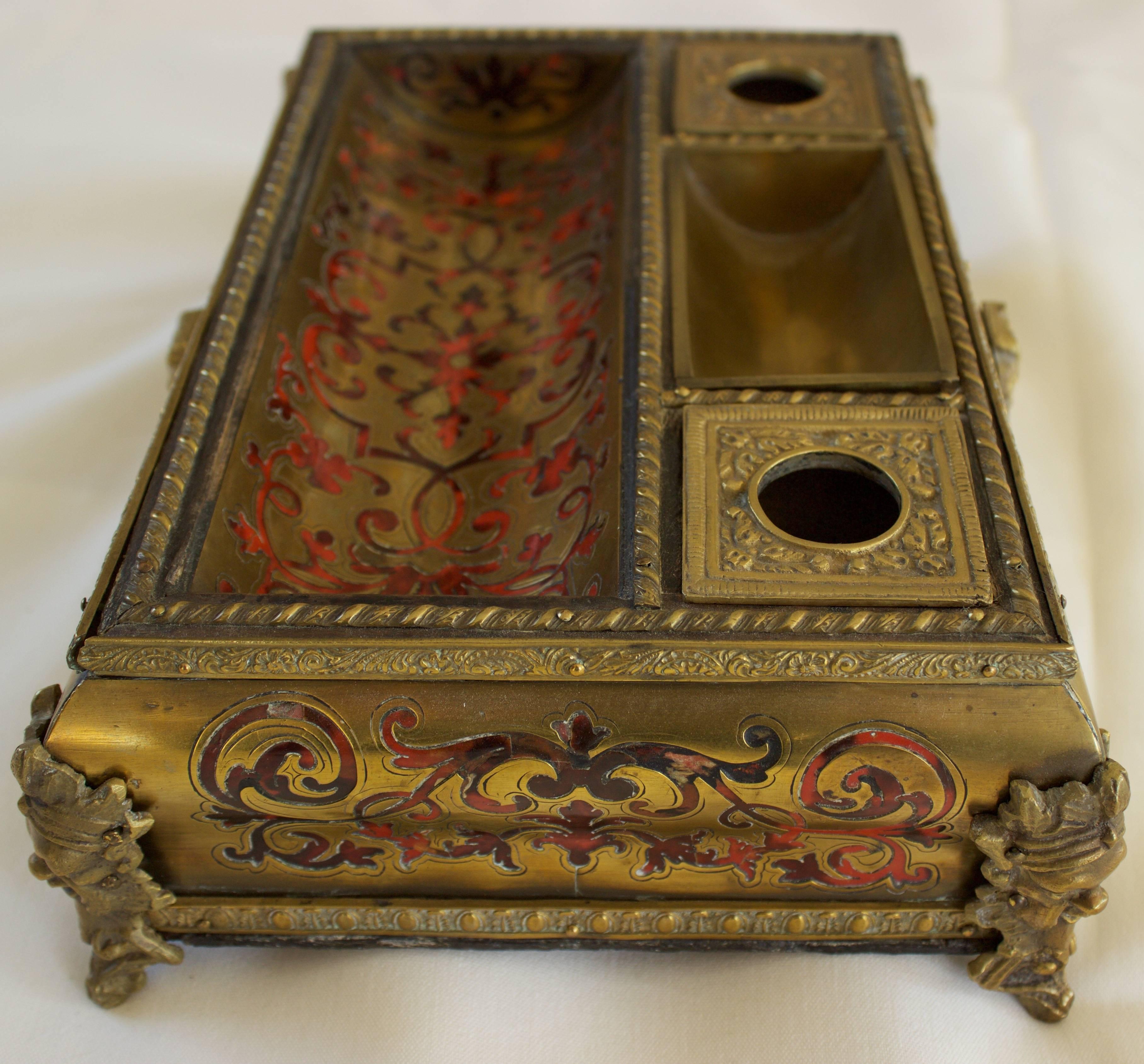 Brass Napoleon III Period Boulle Inkwell with Tortoise Shell Inlay For Sale