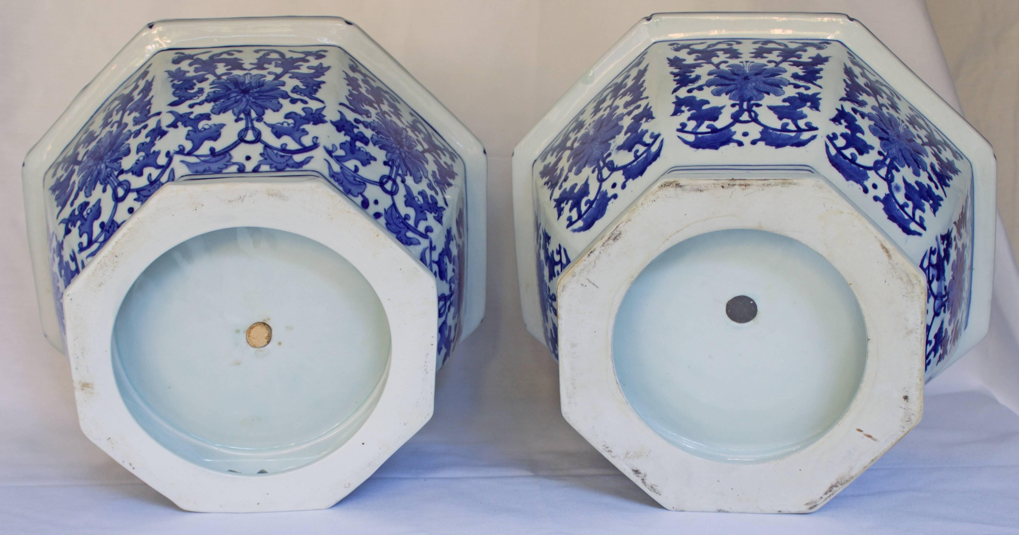 Chinese Pair of Blue and White Porcelain Jardinieres