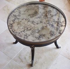French Ebonized Round Occasional or Coffee Table with Antique Silvered Mirror to