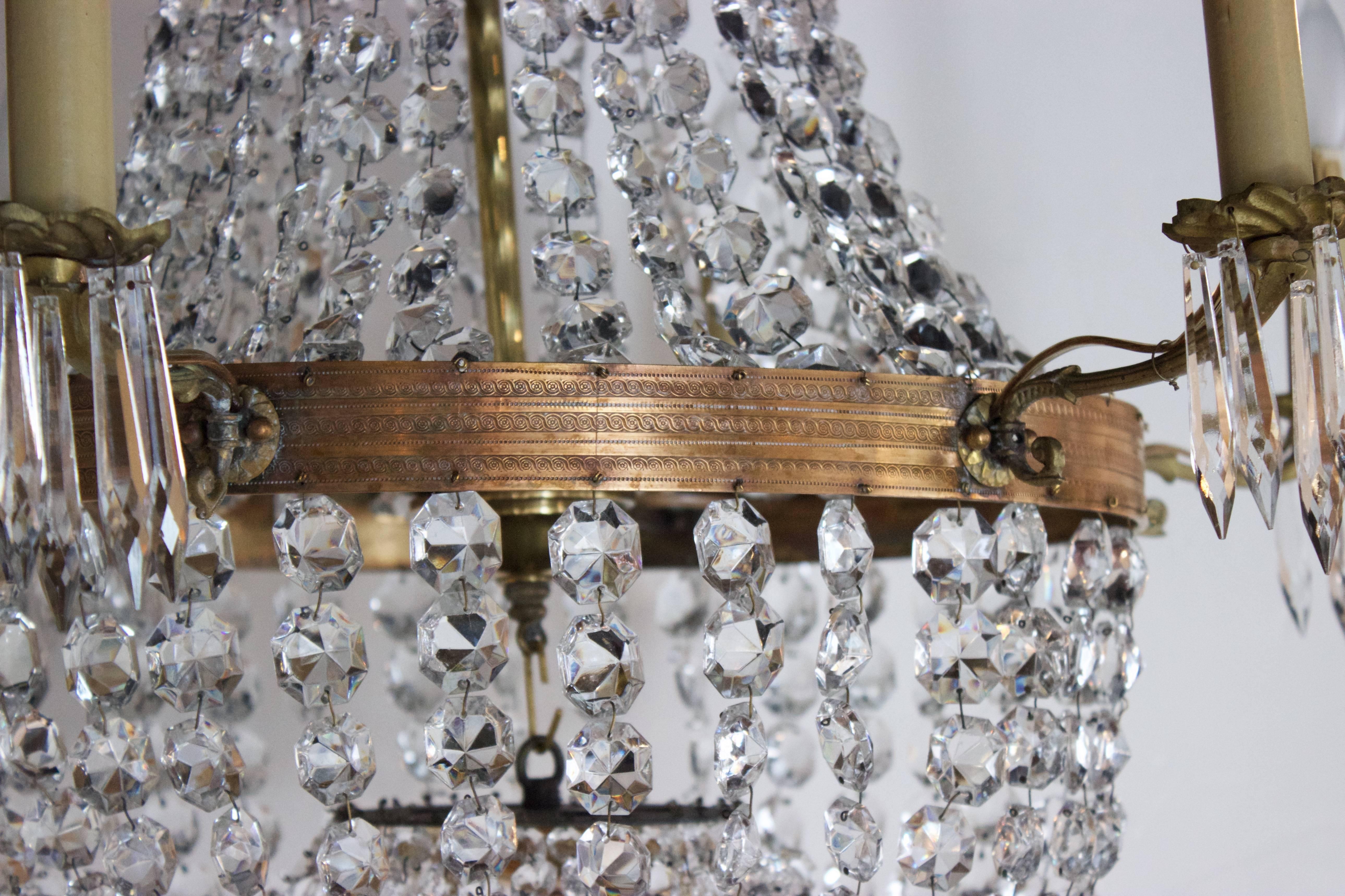 French 19th Century Empire Style Six Arm Crystal and Bronze Chandelier