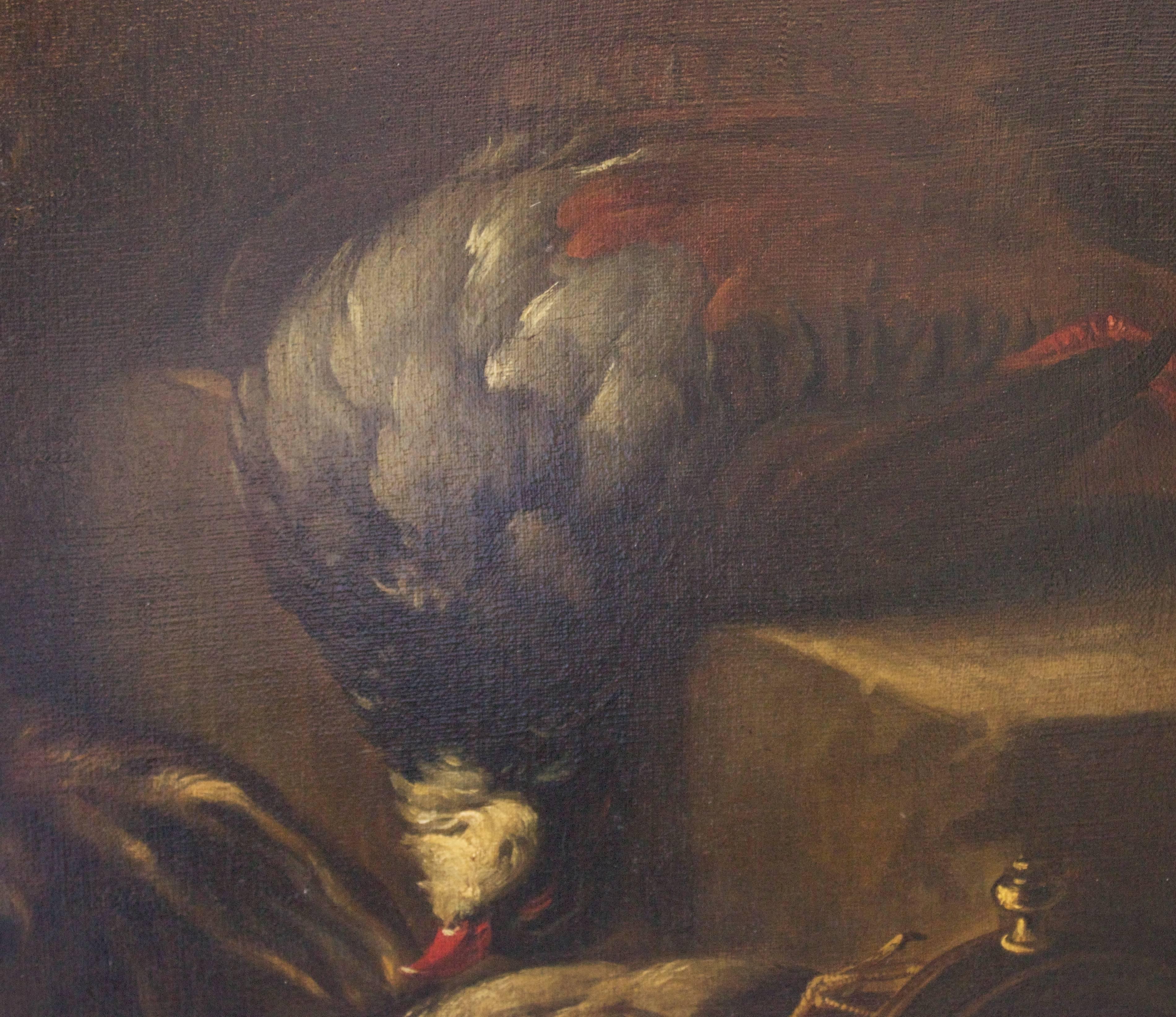 A hunters bounty. A dead rabbit or hare, pheasant and quail. Oil on canvas signed and dated J. Pelissier 1867 lower left.