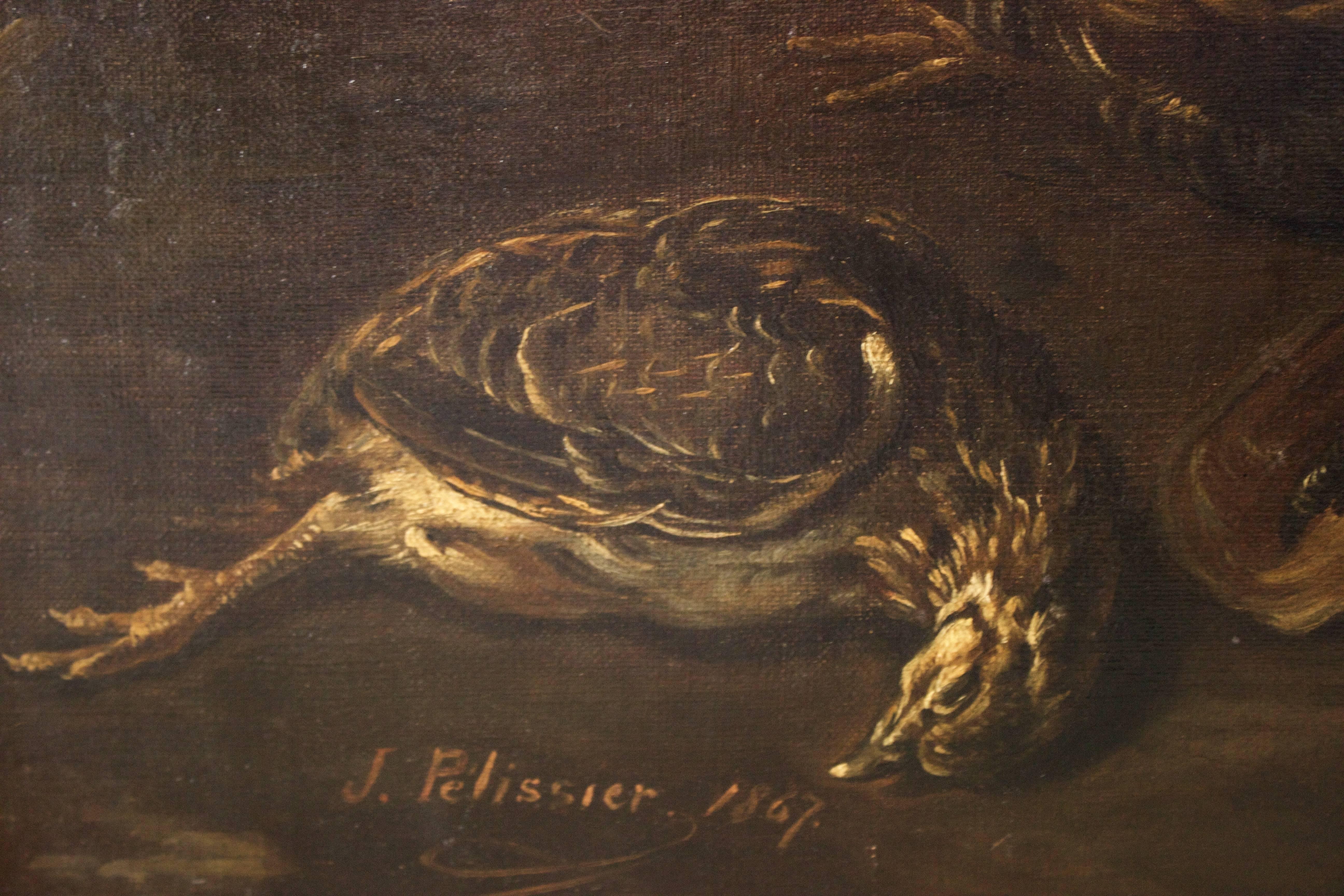 French Still Life of Dead Rabbit, Pheasant and Quail by J. Pelissier In Excellent Condition For Sale In Charleston, SC