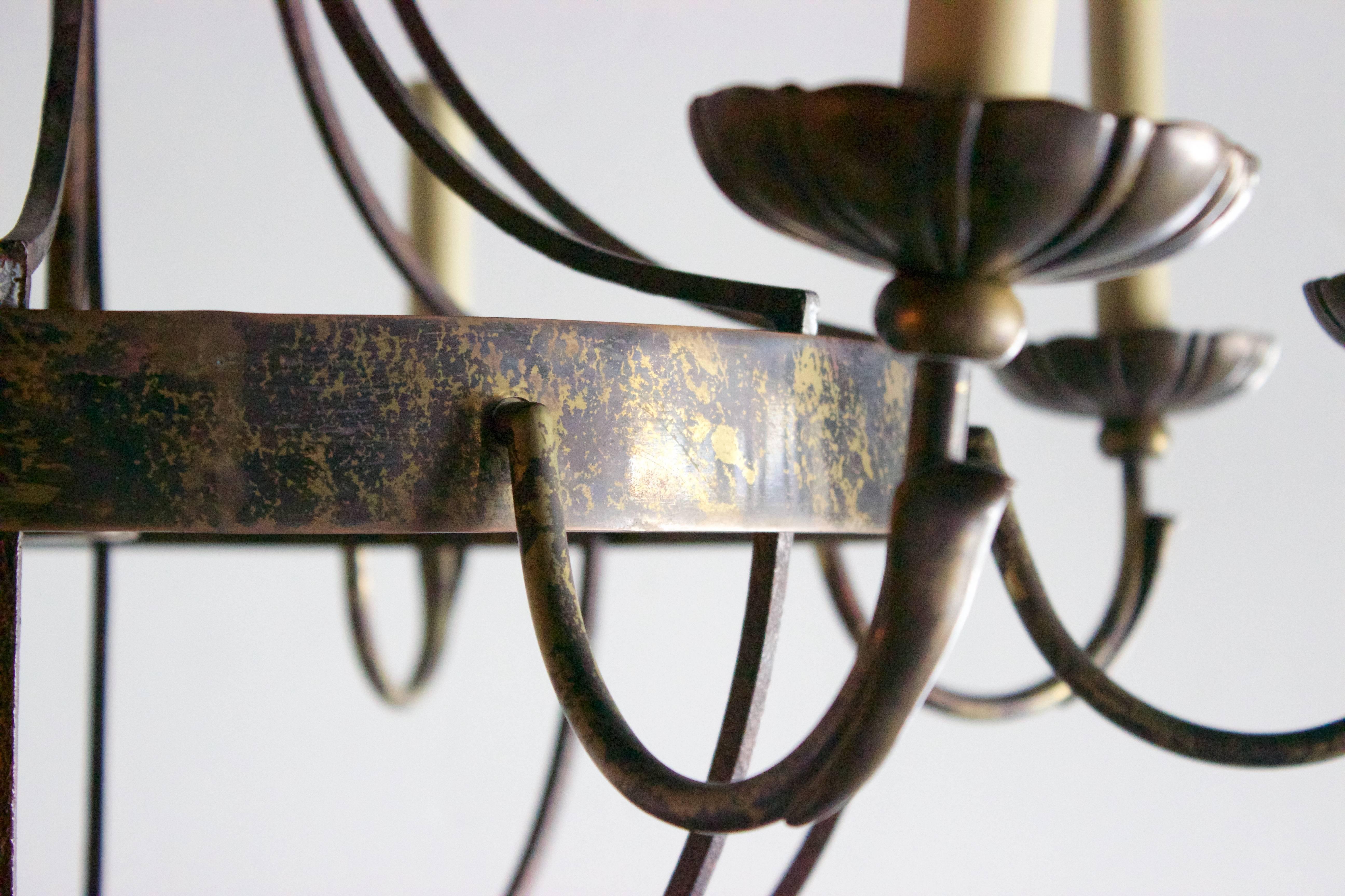 Other Pair of English Wrought Iron and Bronze Eight-Light Chandelier