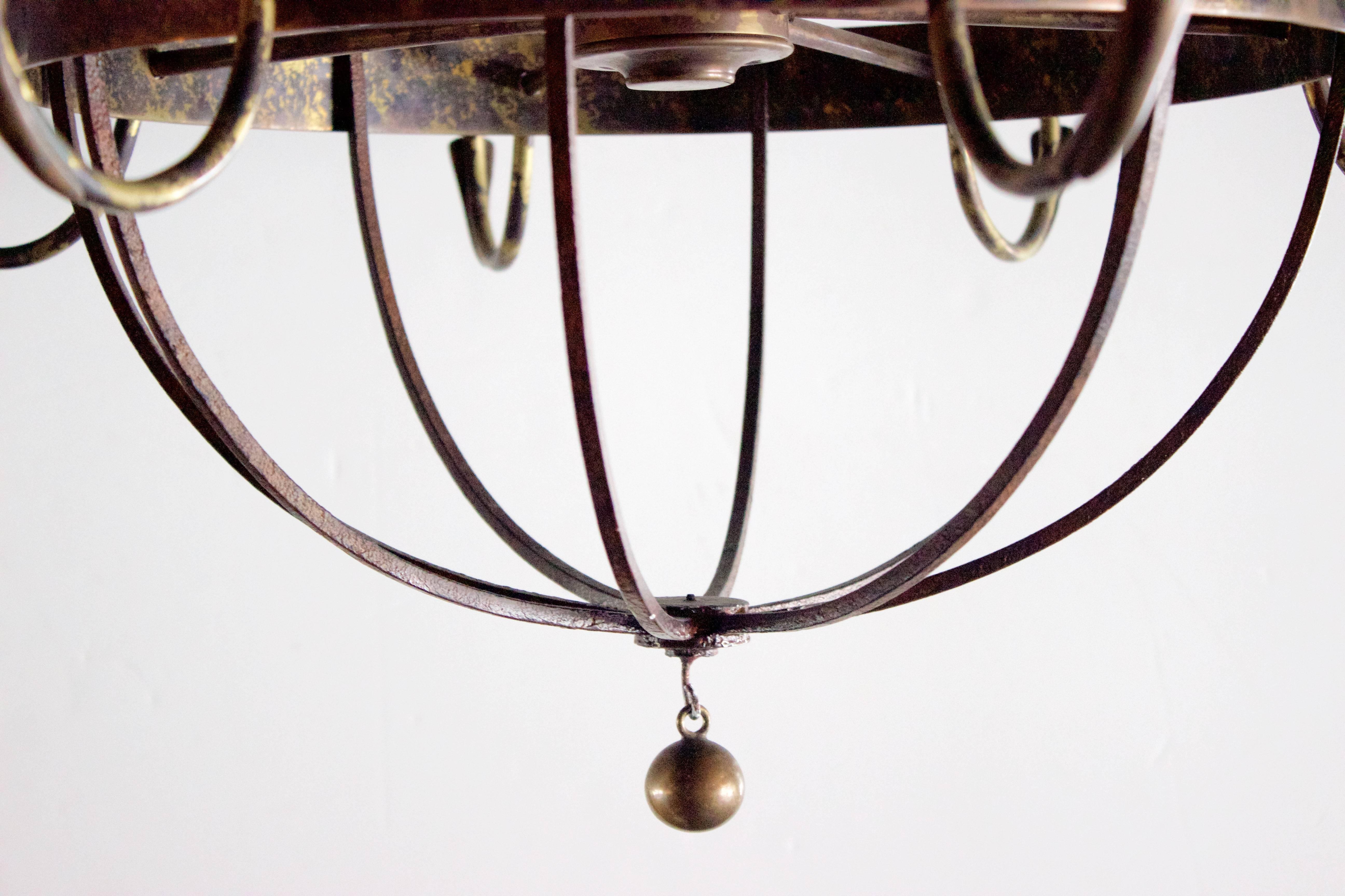 Early 20th Century Pair of English Wrought Iron and Bronze Eight-Light Chandelier