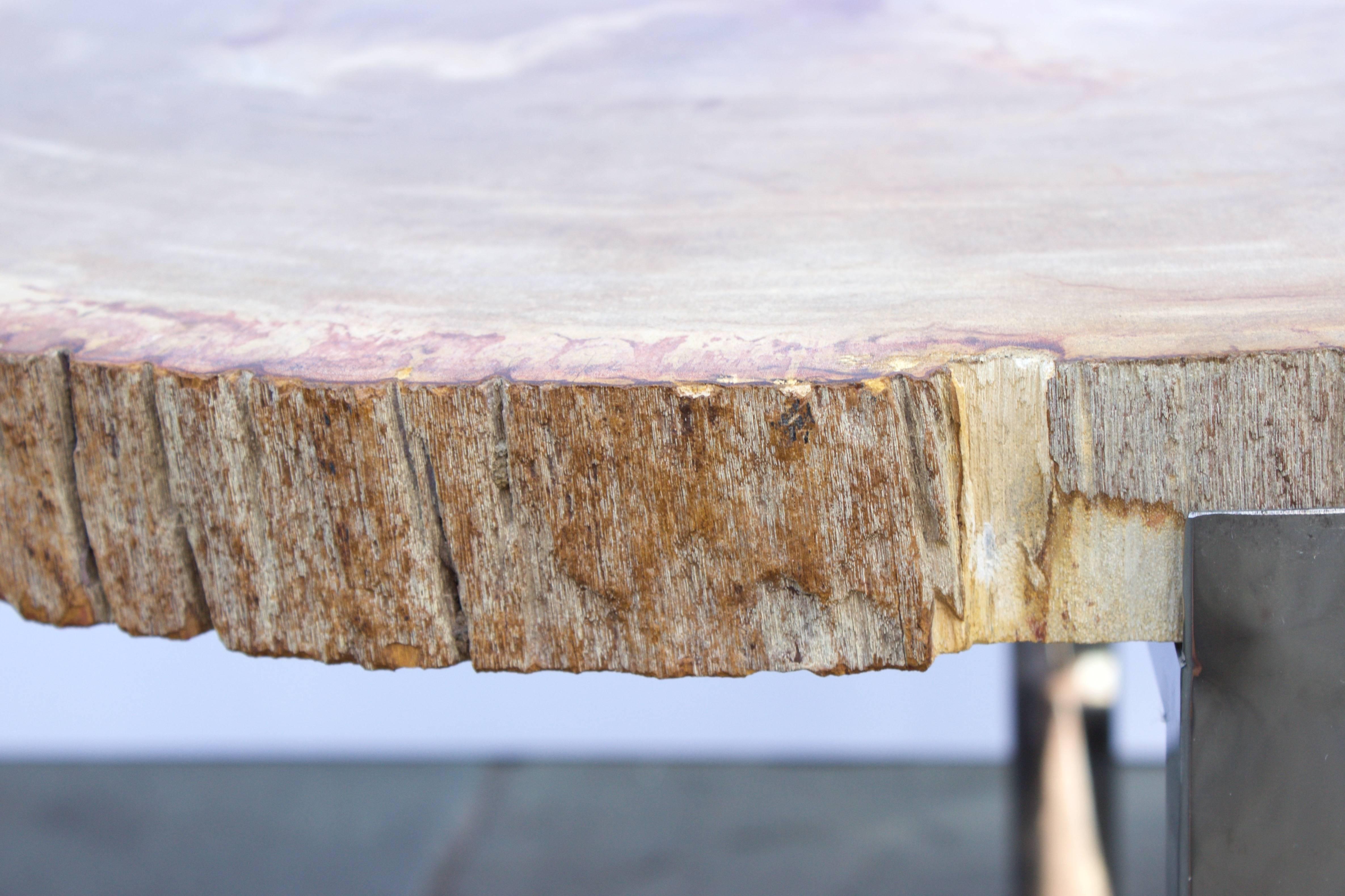 Modern Pair of Petrified Wood Tables with Chrome-Plated Steel Base For Sale