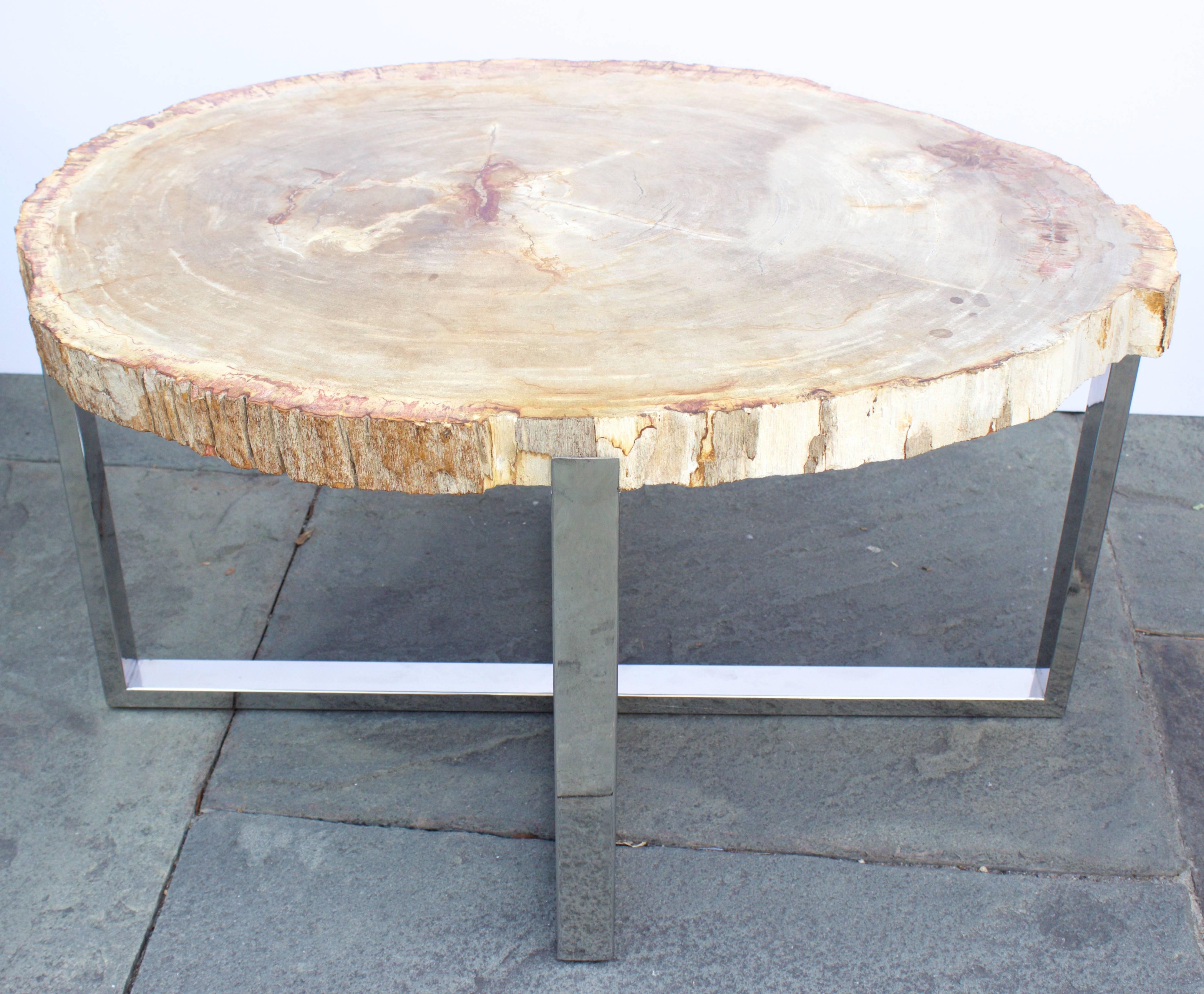 Italian Pair of Petrified Wood Tables with Chrome-Plated Steel Base For Sale