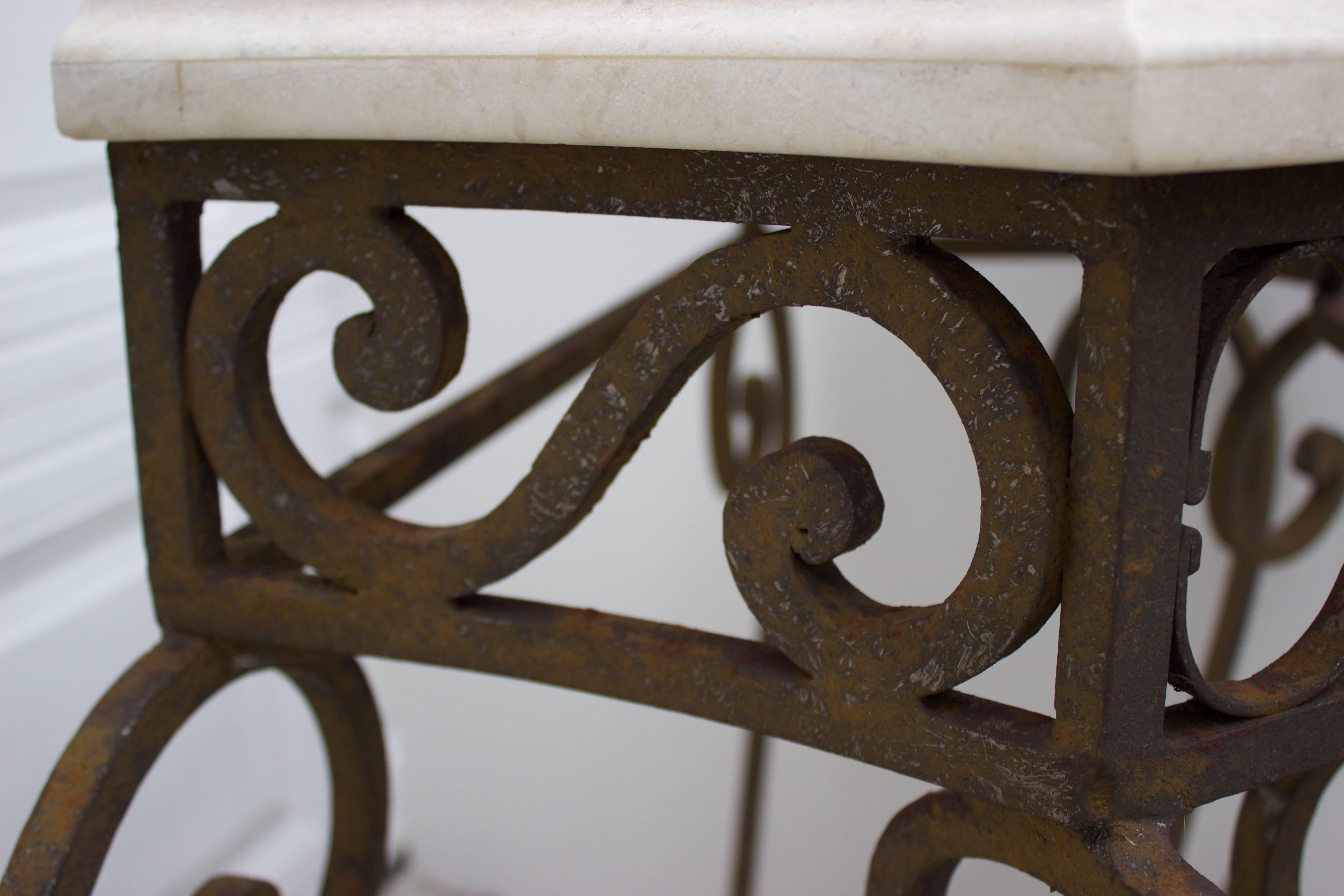 Hand-Carved Wrought Iron and Travertine Console For Sale