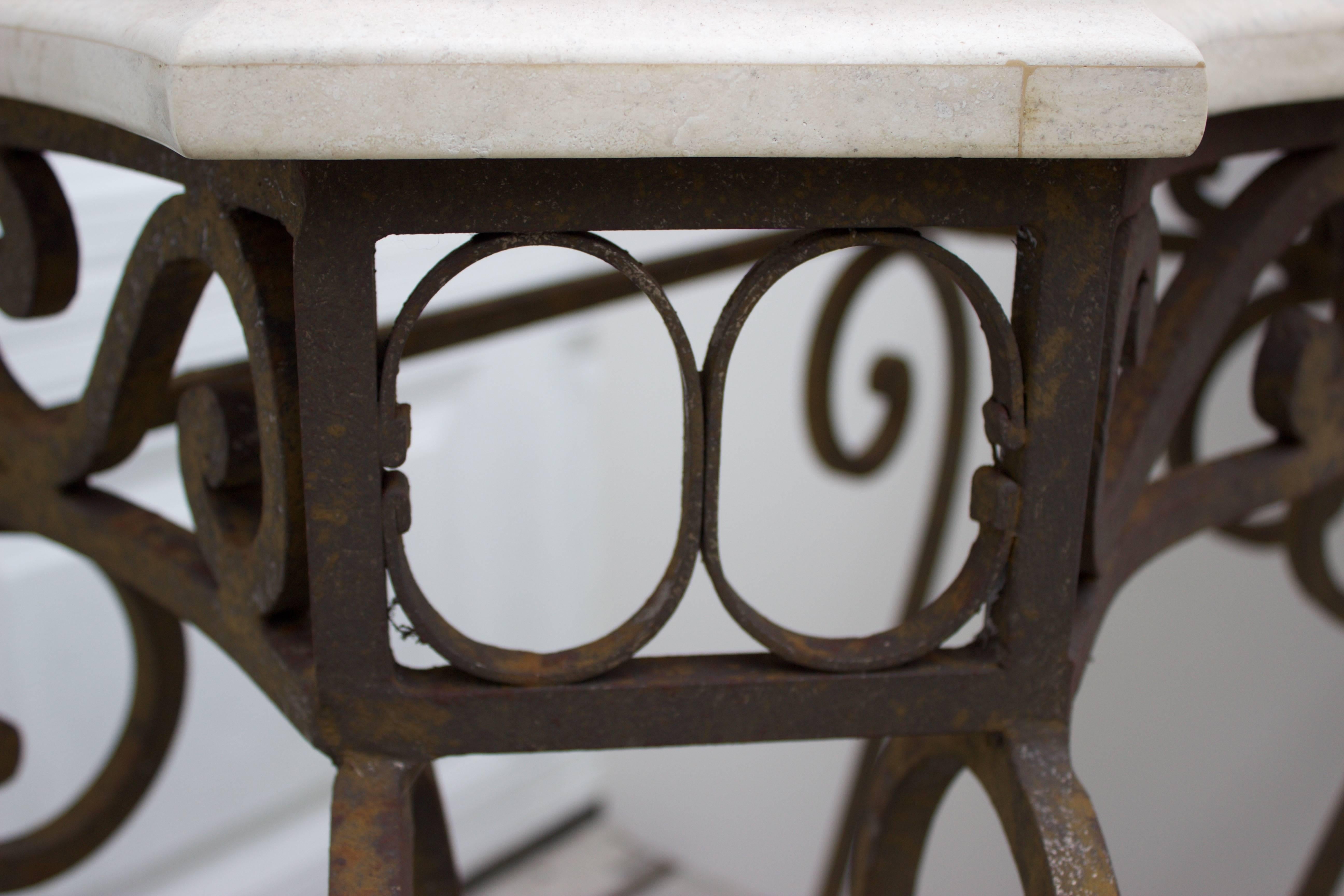 Early 20th Century Wrought Iron and Travertine Console For Sale