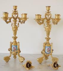 Pair of Napoleon III Period French Ormolu Bronze and Sevres Porcelain Candelabra