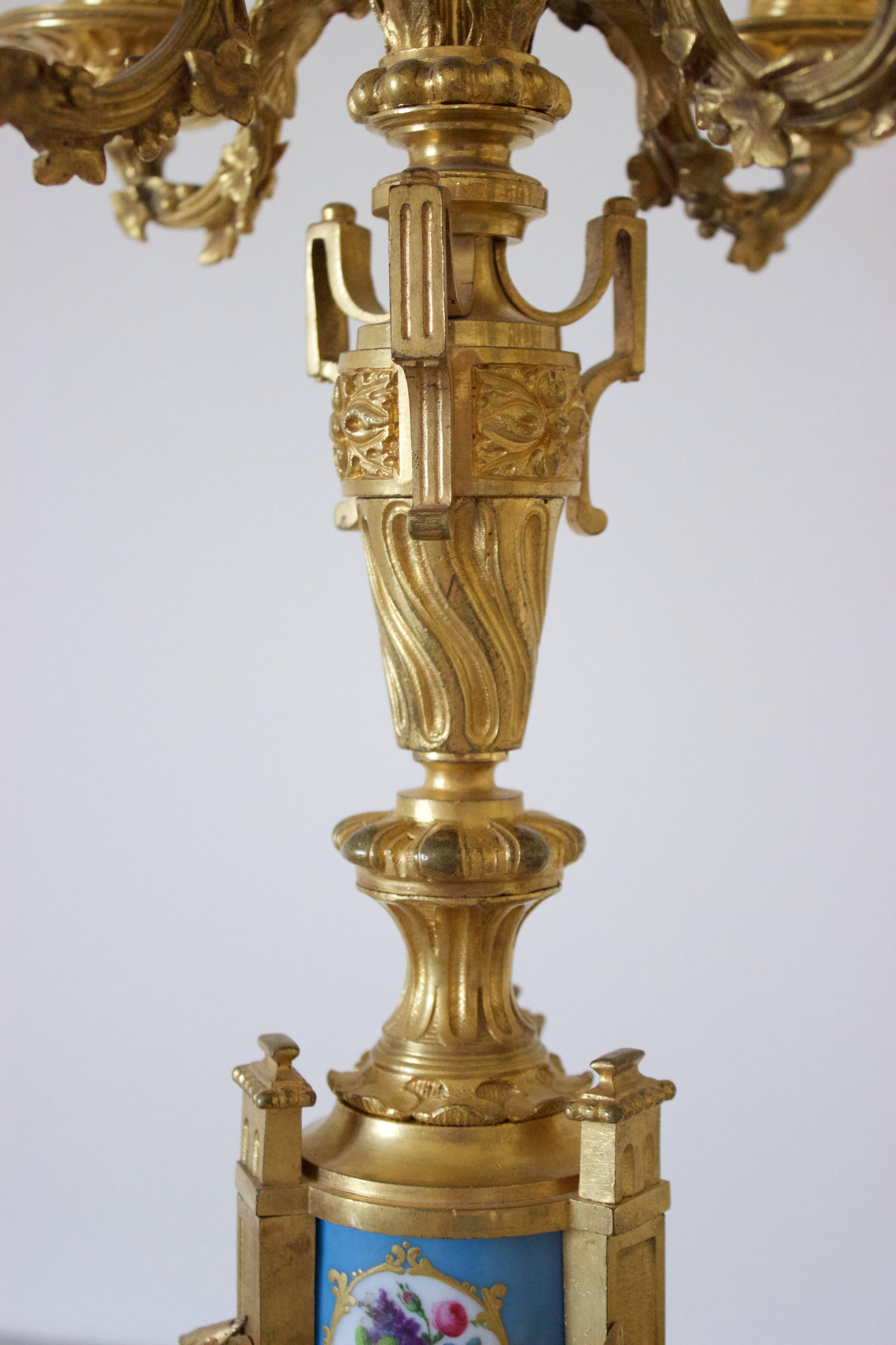 Gilt Pair of Napoleon III Period French Ormolu Bronze and Sevres Porcelain Candelabra For Sale