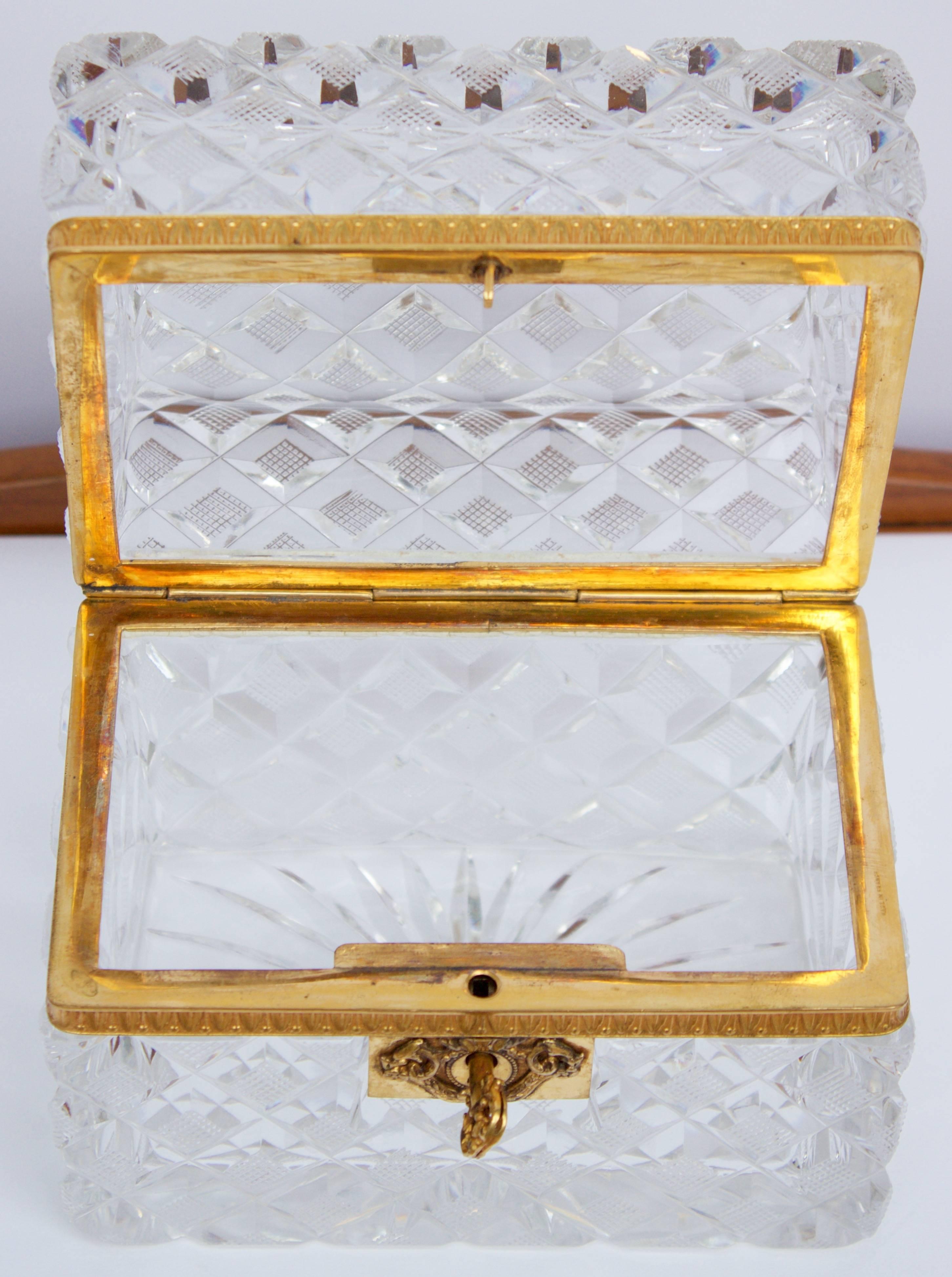 Engraved Antique French Cut Crystal and Gilt Bronzes Box For Sale