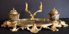 Fine French 18th Century Inkstand in Bronze Doré and Chinoiserie Lacquered Tray