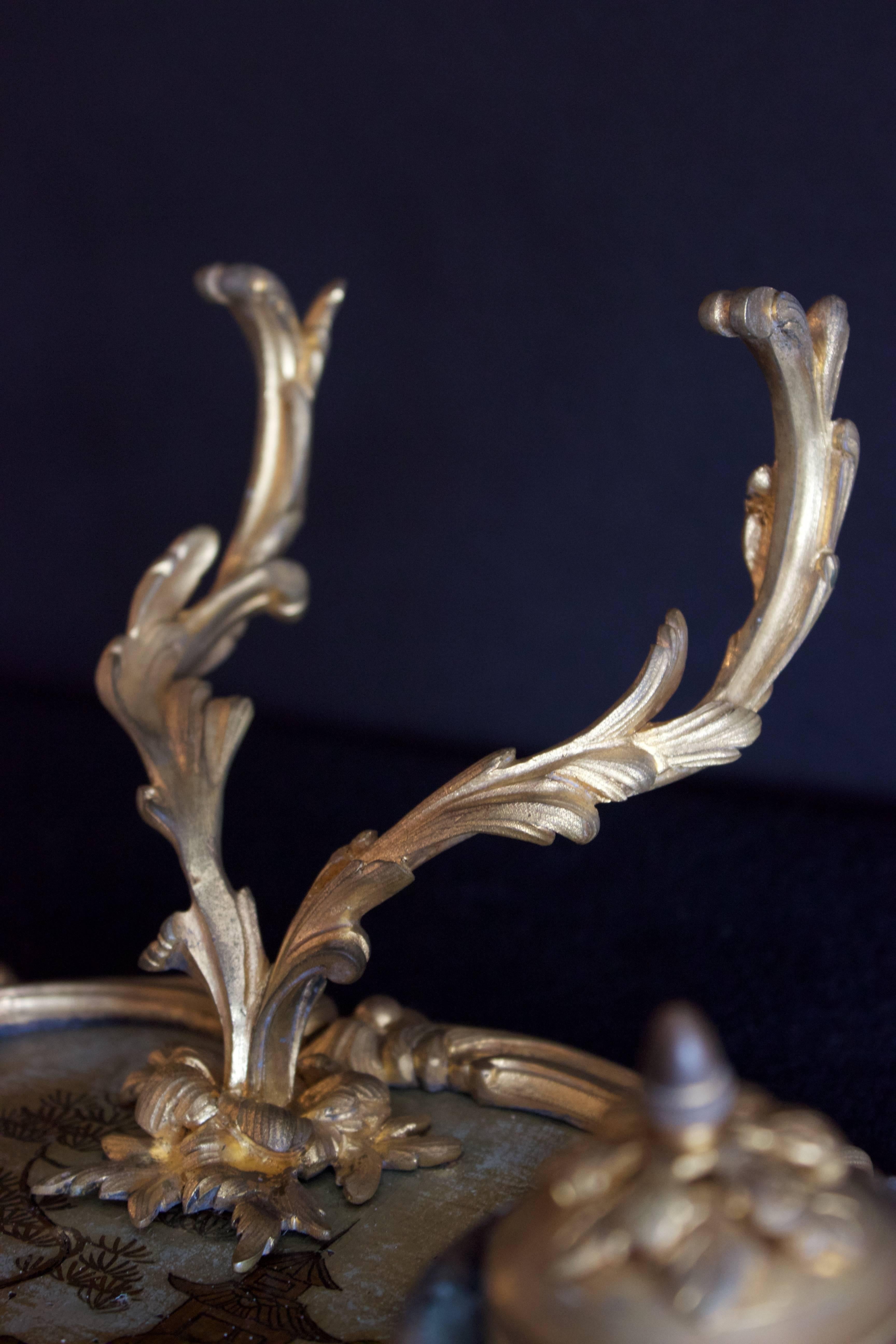 Fine French 18th Century Inkstand in Bronze Doré and Chinoiserie Lacquered Tray For Sale 2