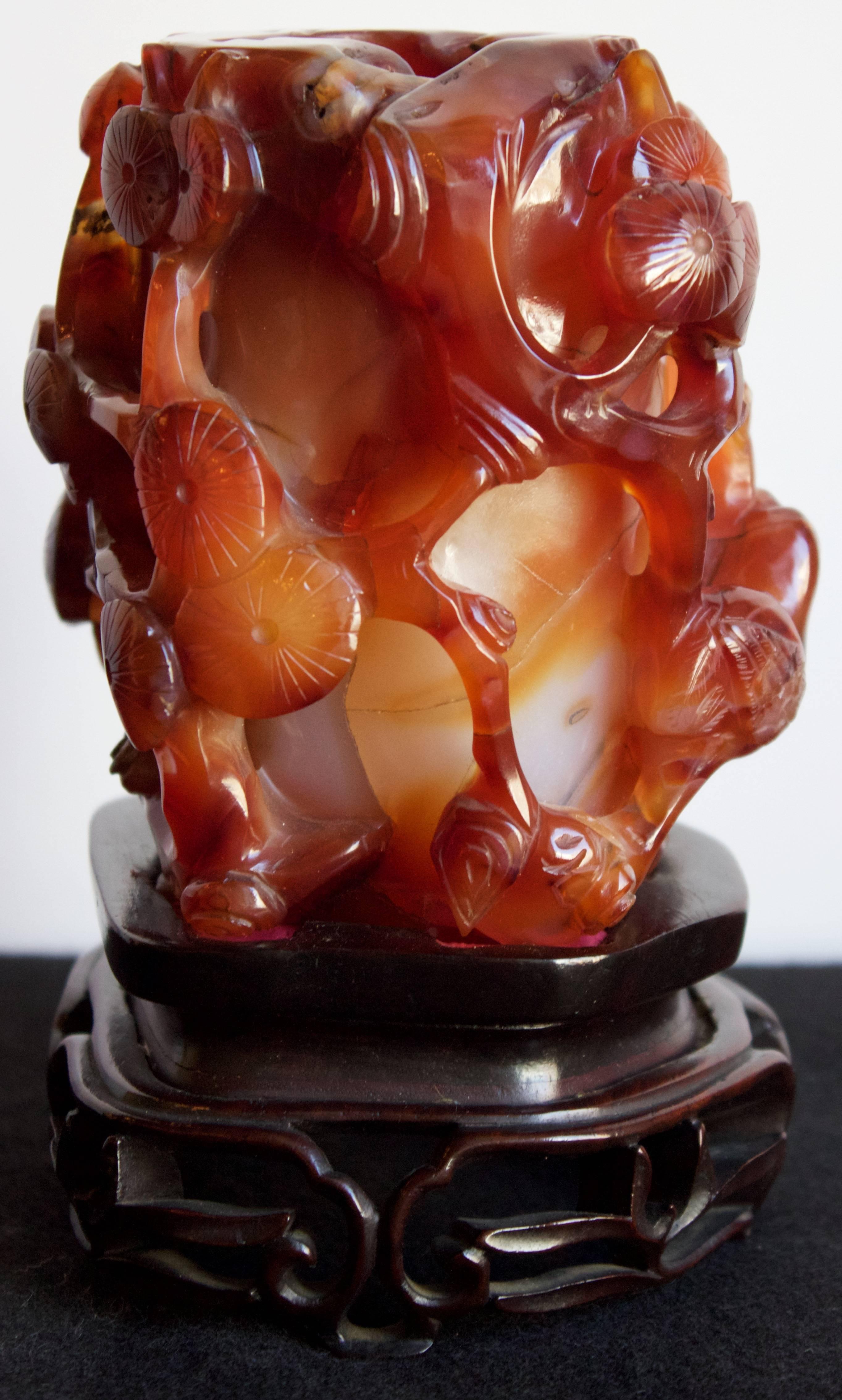 Chinese Carved Carnelian Brush Pot In Excellent Condition For Sale In Charleston, SC