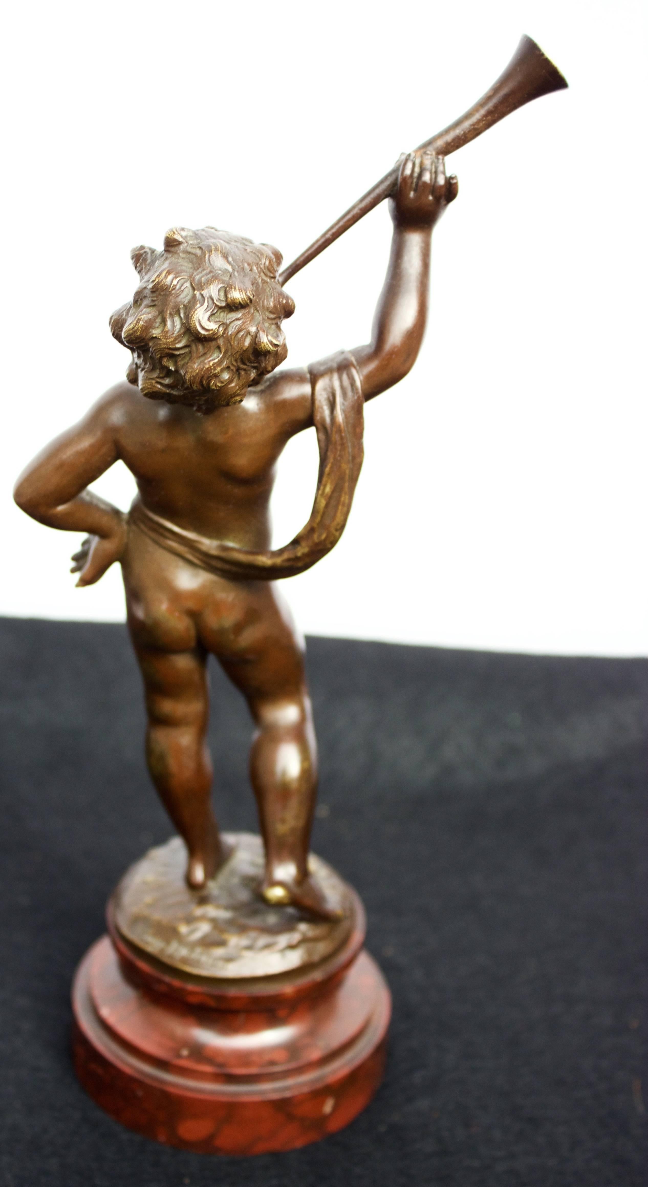 Belle Époque Cherub Blowing a Horn, French Bronze After A. Moreau For Sale